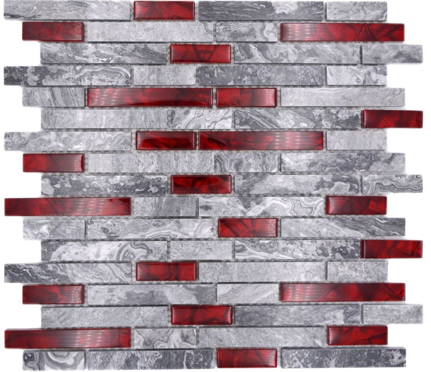 Mosani Mosaikfliesen 0,87m² Glasmosaik Naturstein Wandfliesen grau mit rot glänzend, Set, 10-teilig, Wandverkleidung