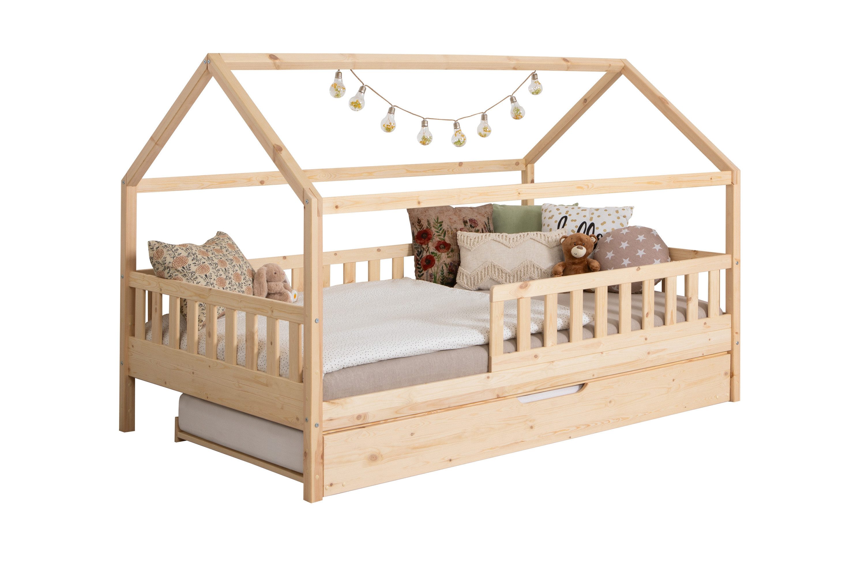 Ticaa Hausbett Kay mit Rausfallschutz und Zusatzbett aus Kiefer, Kinderbett 120x200, inkl. Dach, mit Rollrost