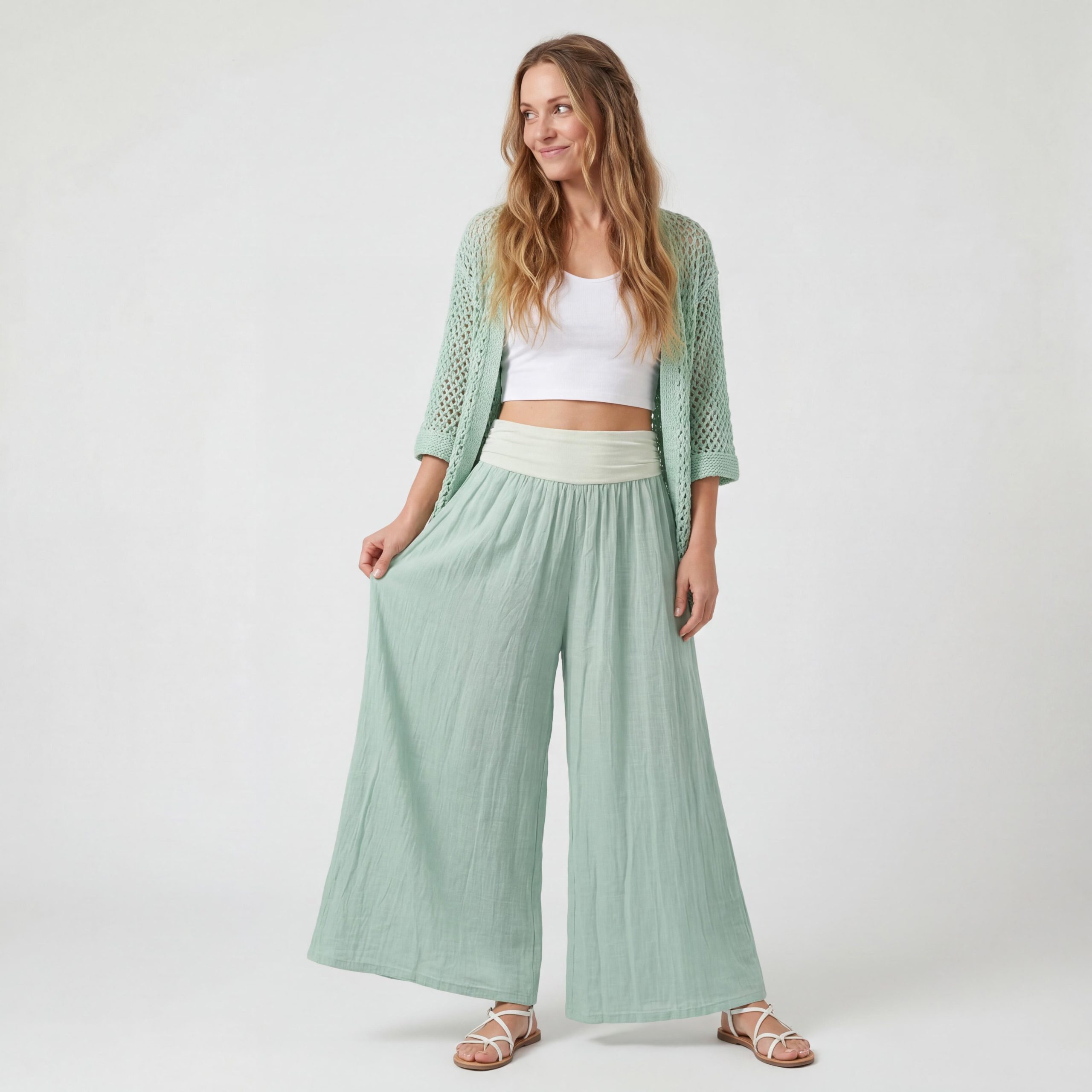 OriginalYou Haremshose Damen Flatterhose Baumwolle Sommerhose Leinen Optik Culotte Volant Middle Waist