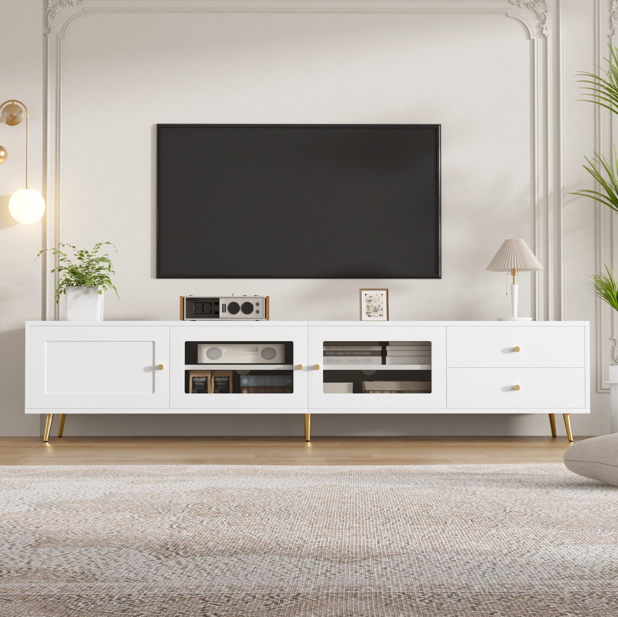 REDOM TV-Schrank TV-Sideboard, Lowboard mit 2 Schubladen, 2 Glastüren und Schranktür (170×40×28 cm, großzügiger Stauraum mit höhenverstellbaren, Fernsehschrank, Fernsehtisch)