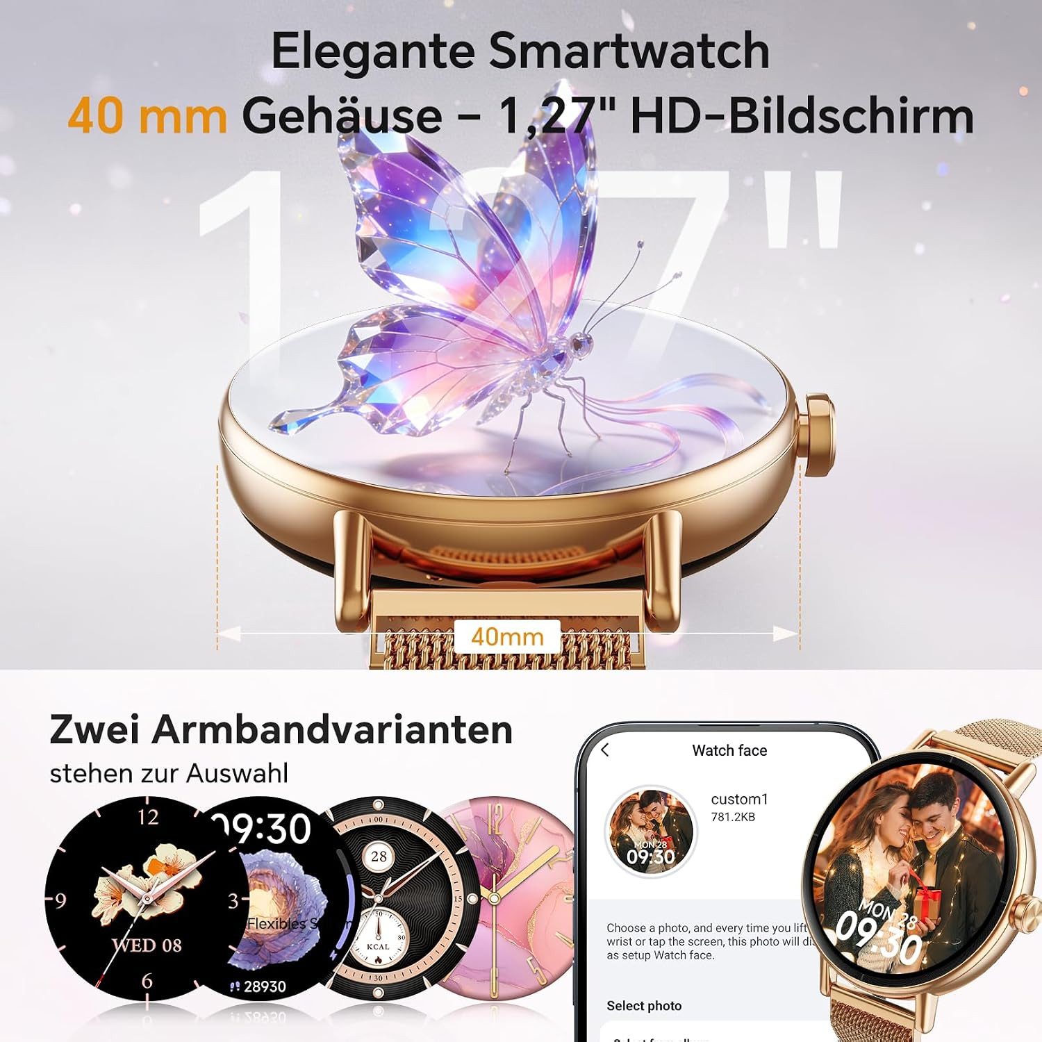 Zevelora Damen Smartwatch mit Bluetooth-Telefonie und Gesundheitsfunktionen Smartwatch (1.27 Zoll, Andriod iOS), Fitnessuhr für Damen mit Anruffunktion und über 100 Sportmodi