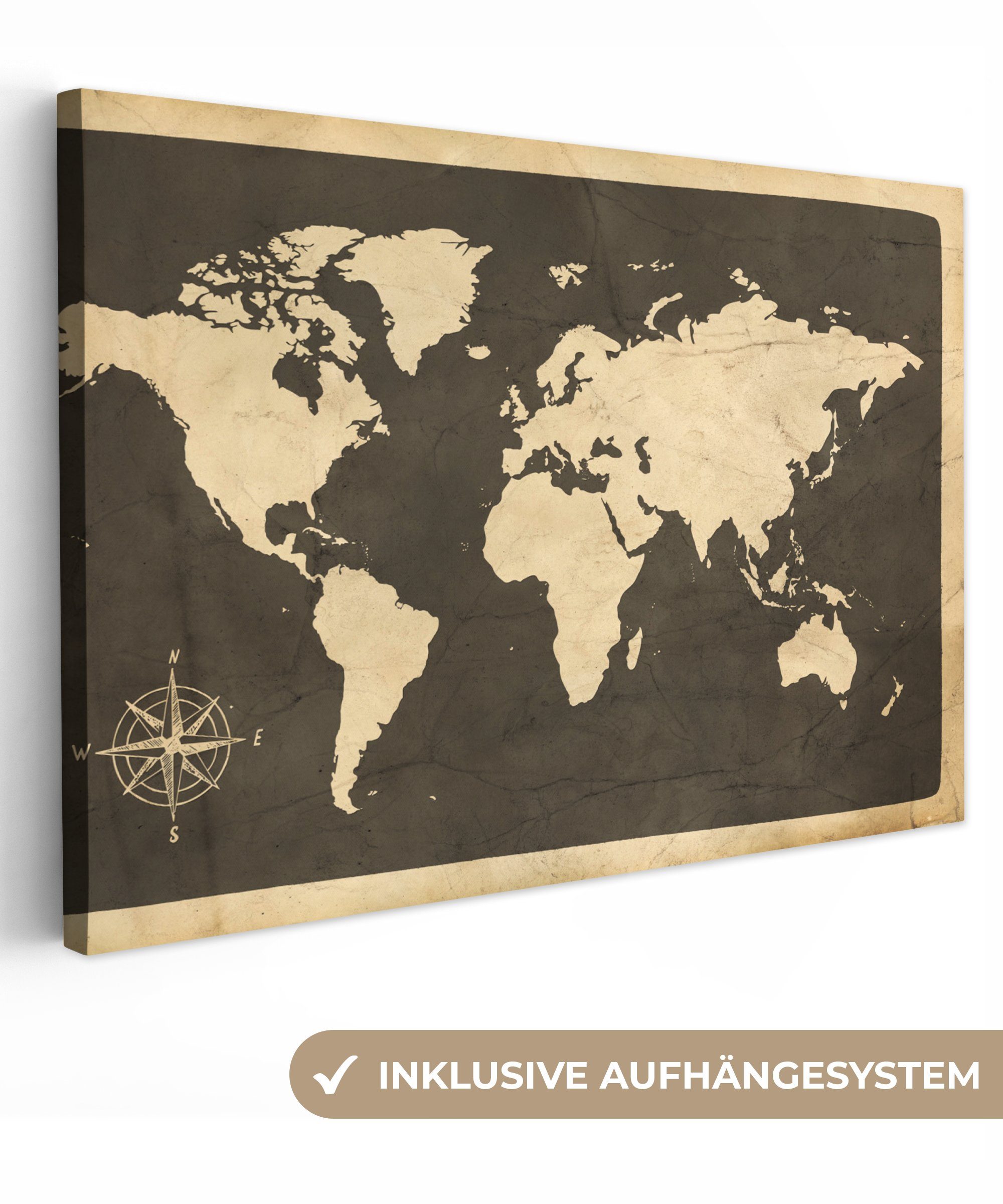 OneMillionCanvasses® Leinwandbild Weltkarte - Kompassrose - Vintage, (1 St), Wandbild Leinwandbilder, Aufhängefertig, Wanddeko, 30x20 cm