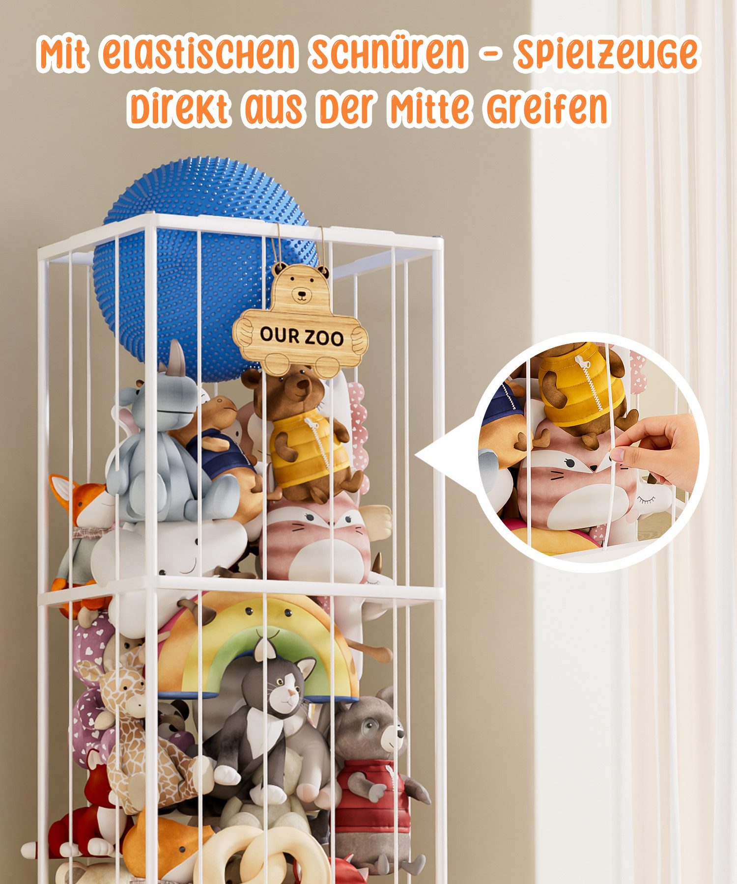 Yorbay Kinderregal Kuscheltier Aufbewahrung, Extra groß, mit Elastischem Band, Plüschtier-Halterung Spielzeug Organizer Halter für Kinder, Weiß – Bild 3 von 5