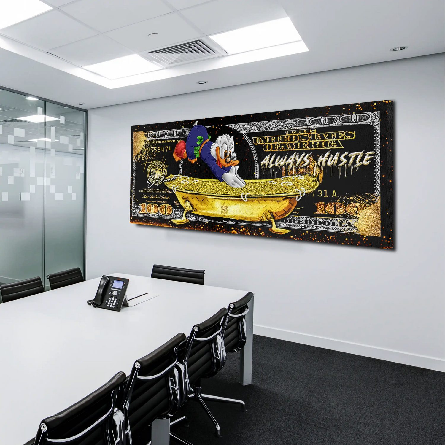 Artedinoi Leinwandbild Duck 100 Dollar Comic Leinwandbild Wandbild Dekoration Kunst XL, Comic-Ente hält 100-Dollar-Schein