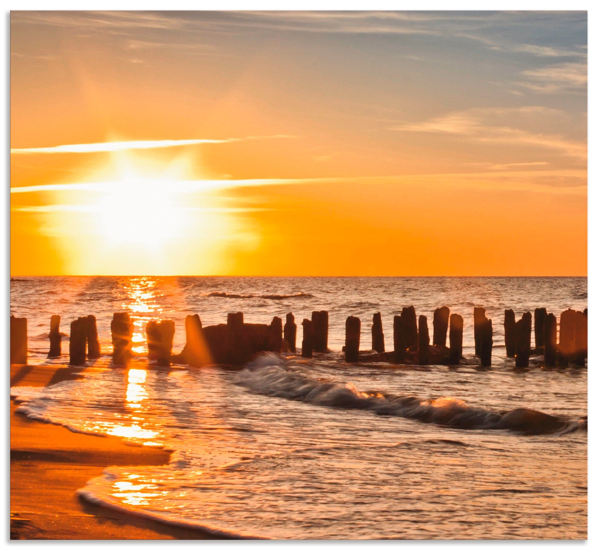 am Klebeband, (1-tlg), Schöner Sonnenuntergang mit Strand, einfache Artland Spritzschutz Montage Alu Küchenrückwand