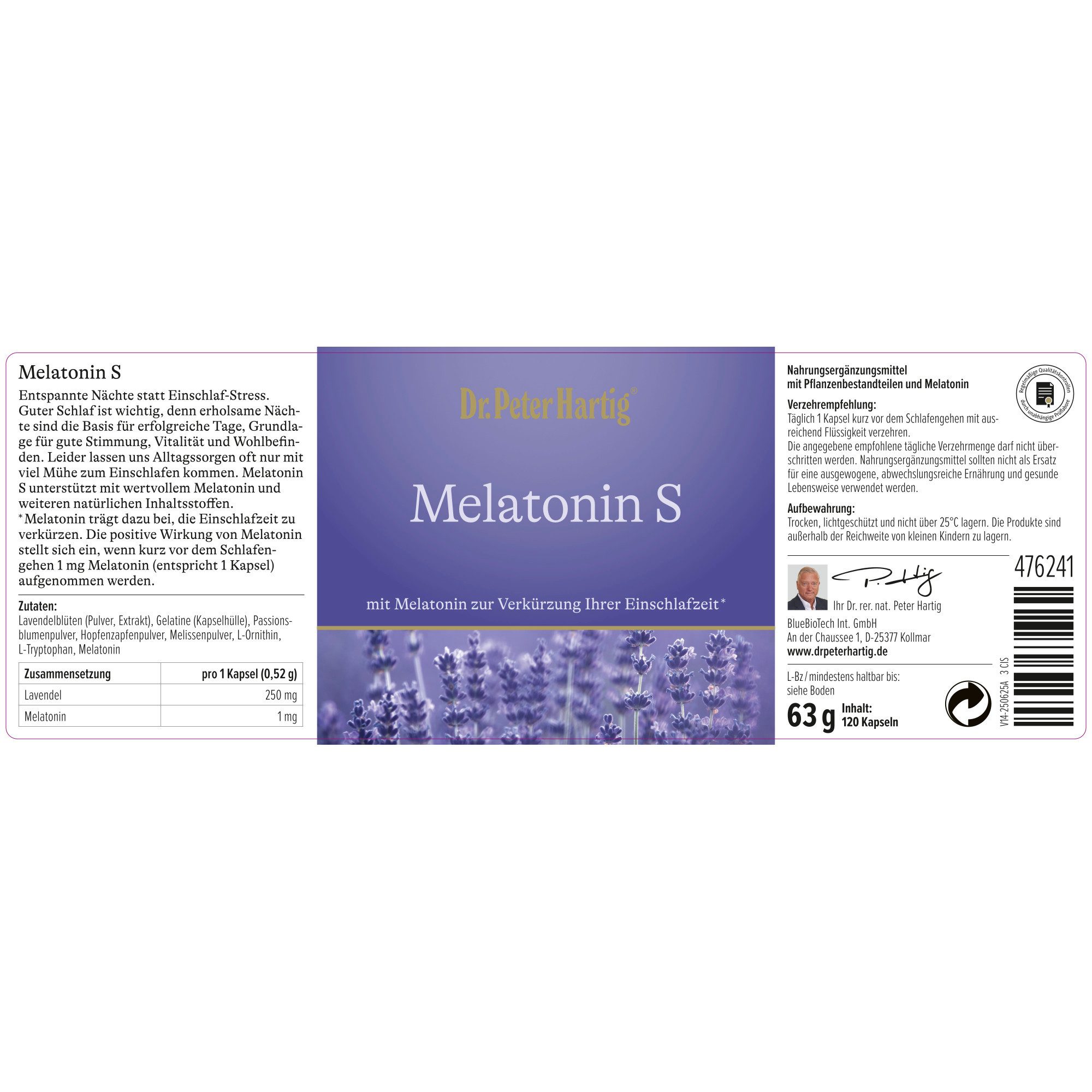 Dr. Peter Hartig Melatonin S, fördert das Einschlafen, gesunder Schlaf, Lavendelpulver Kapseln, 120 Kapseln, 4-Monats-Vorrat, à 68 g