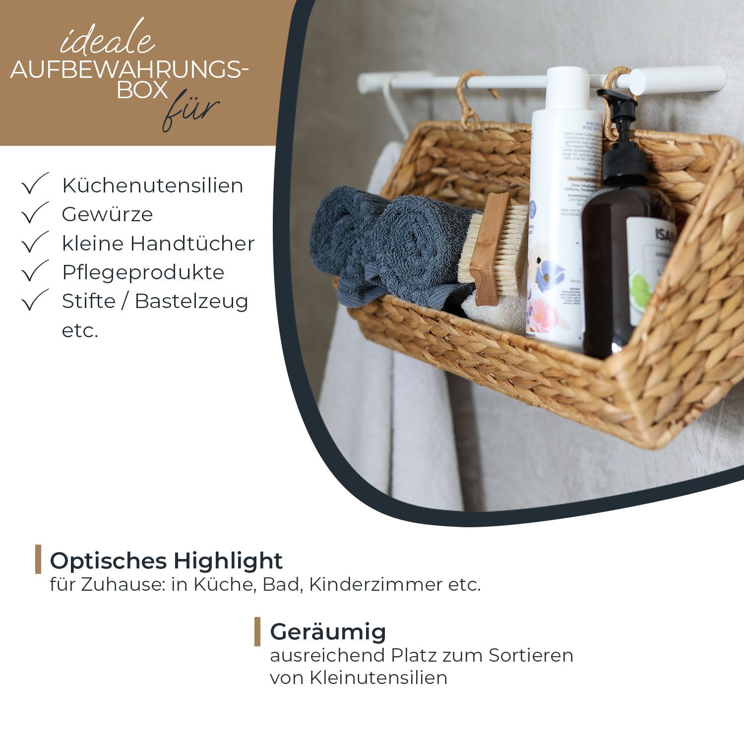 HMF Hängeaufbewahrung Hängekorb geflochten aus Wasserhyazinthe, Aufbewahrungskorb zum Aufhängen, 40 x 15 x 15 cm