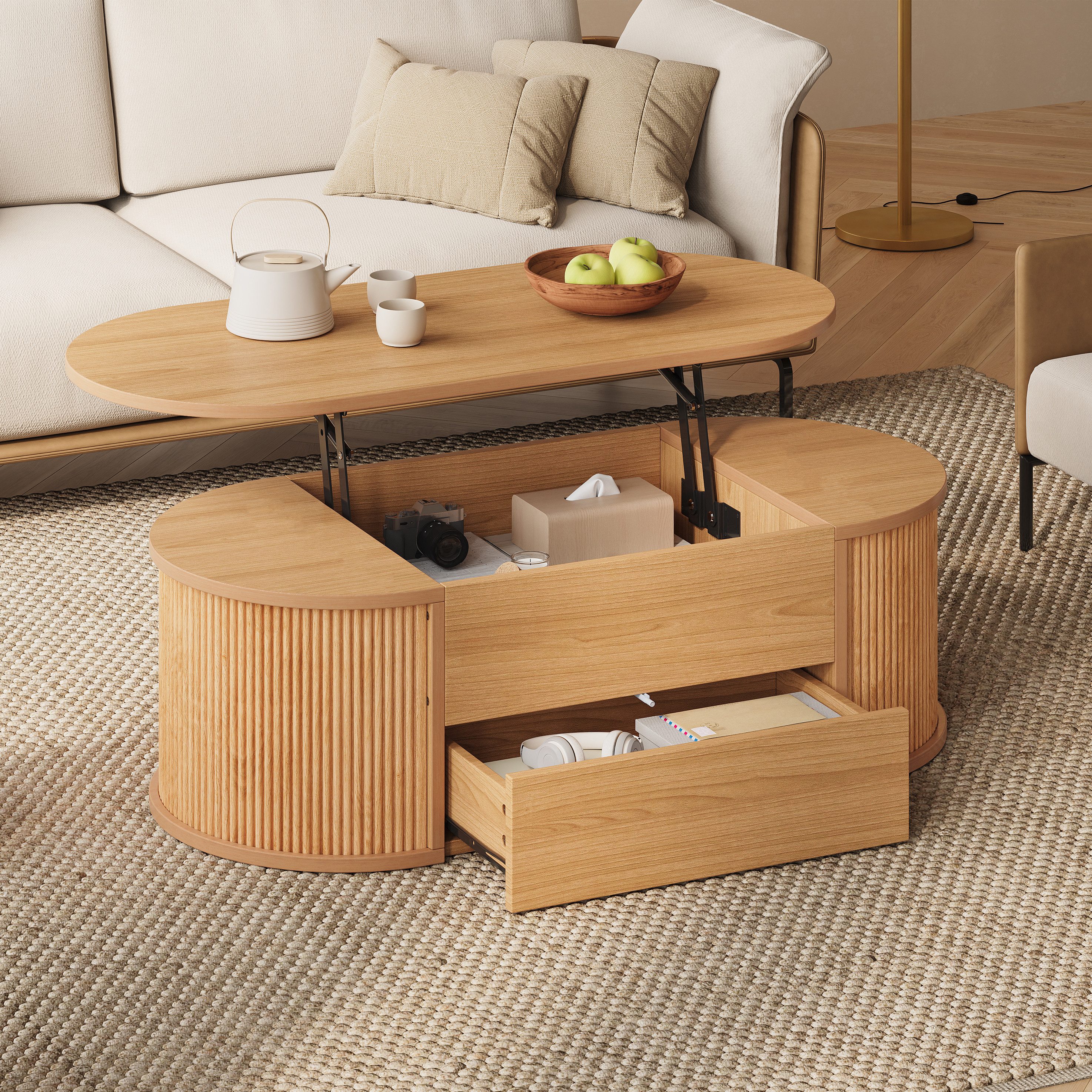 Celya Couchtisch Höhenverstellbarer 100x50x35cm, mit 1 Schublade, Verstecktem Stauraum (Ovaler Wohnzimmertisch, Rundkanten für Wohnzimmer)