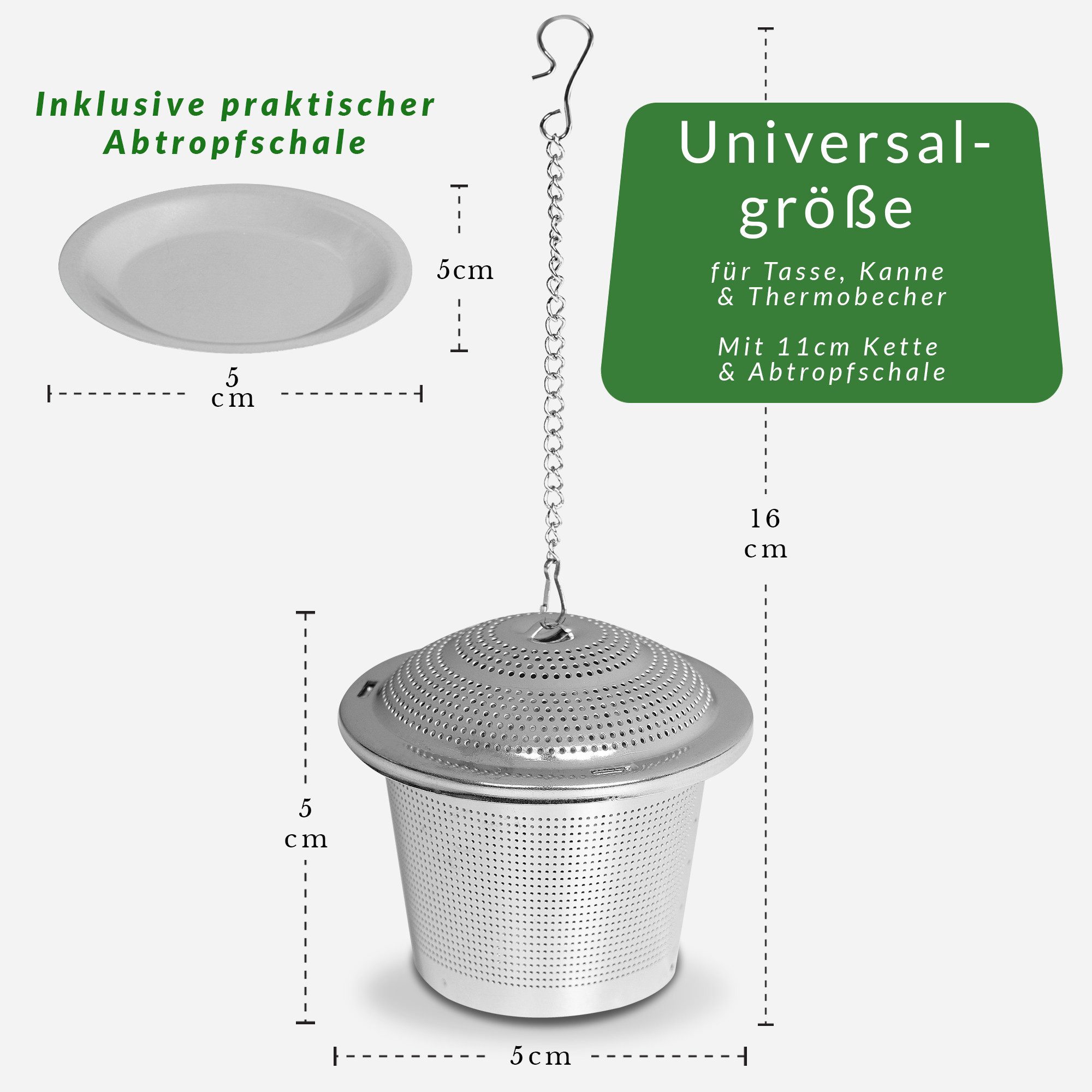 Geschenkehöhle Teesieb 2er Set Edelstahl – Feines Sieb für losen Tee, Tassen & Teekanne, Edelstahl, - Inklusive Abtropfschale & 11 cm Kette -