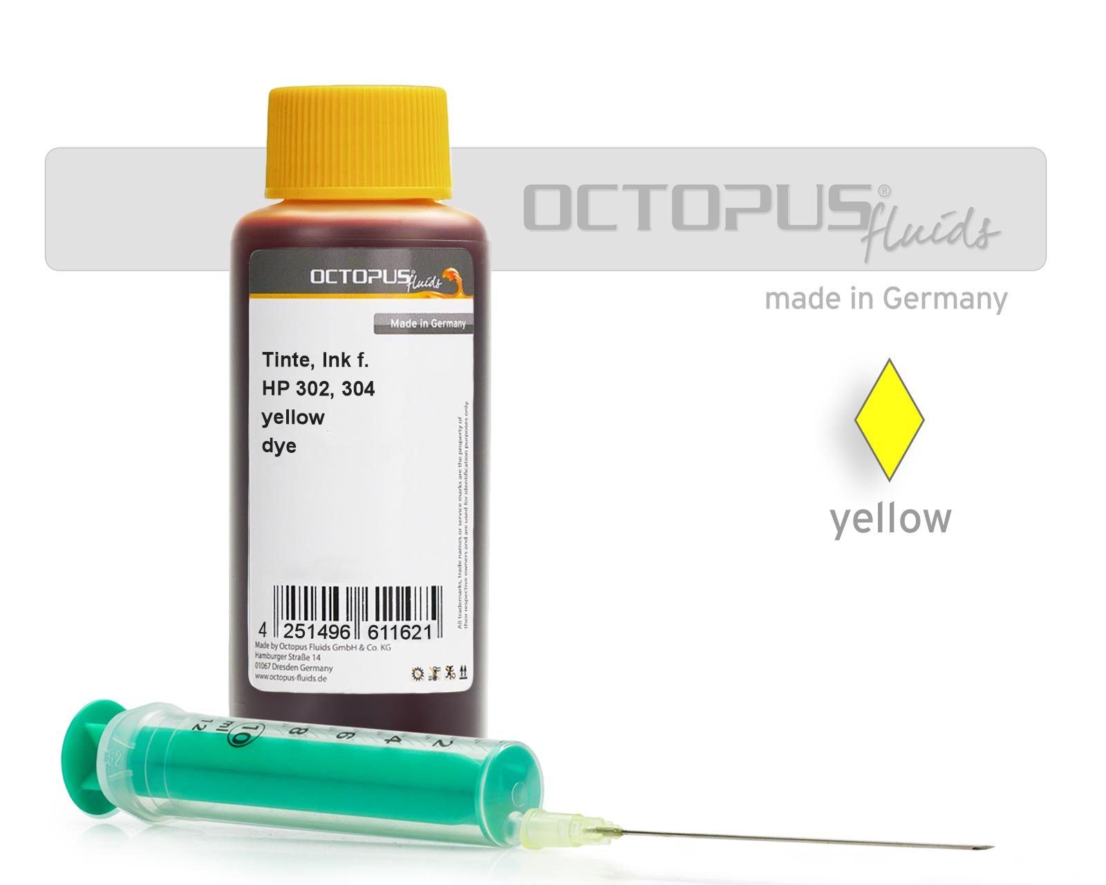 OCTOPUS Fluids Ink for HP 302, 304 yellow with syringe Nachfülltinte (für HP, 1x 100 ml)