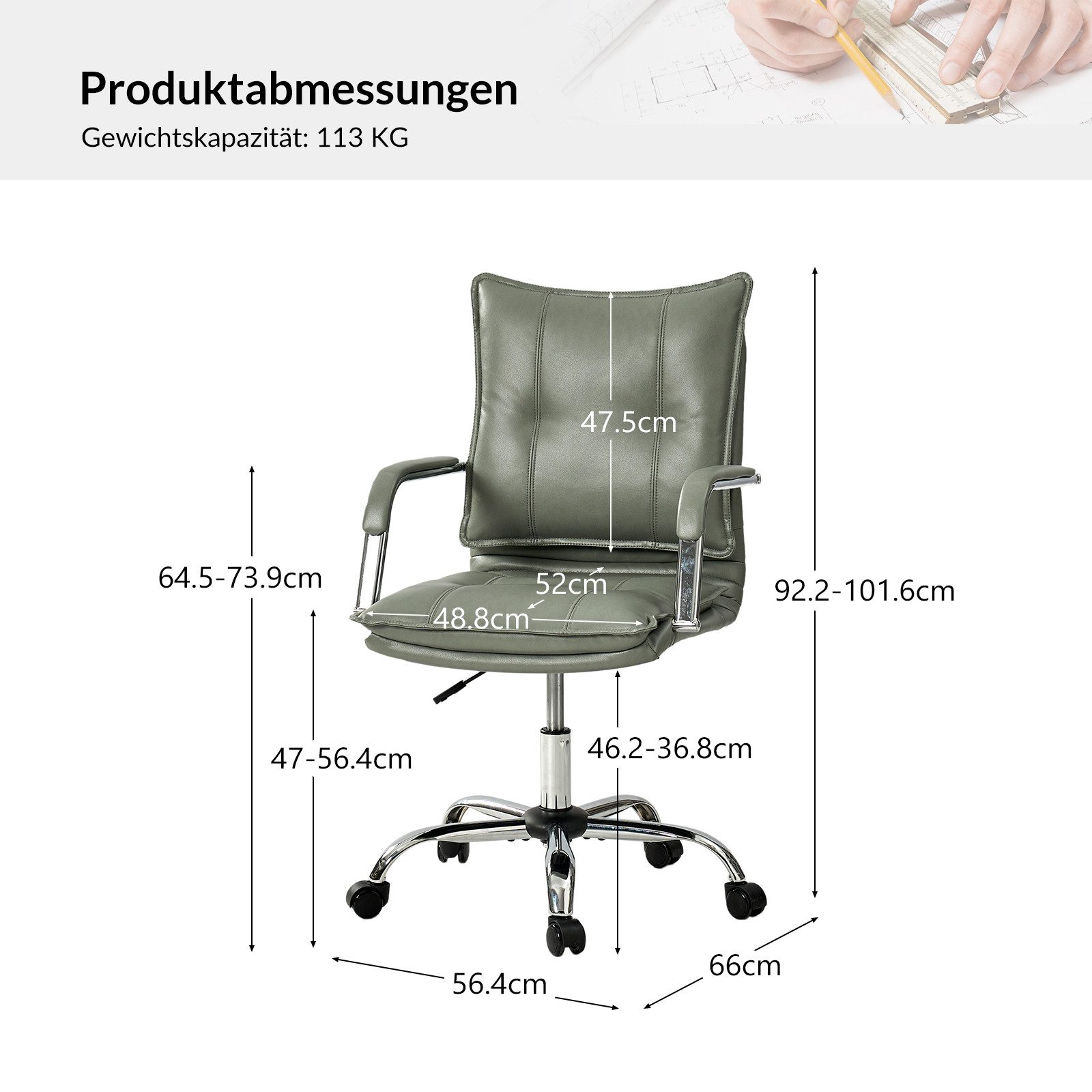 HULALA HOME Bürostuhl Ergonomischer Schreibtischstuhl mit Metallbasis, Leder, mit gepolsterten Armlehnen und SGS-Zertifizierung, grün