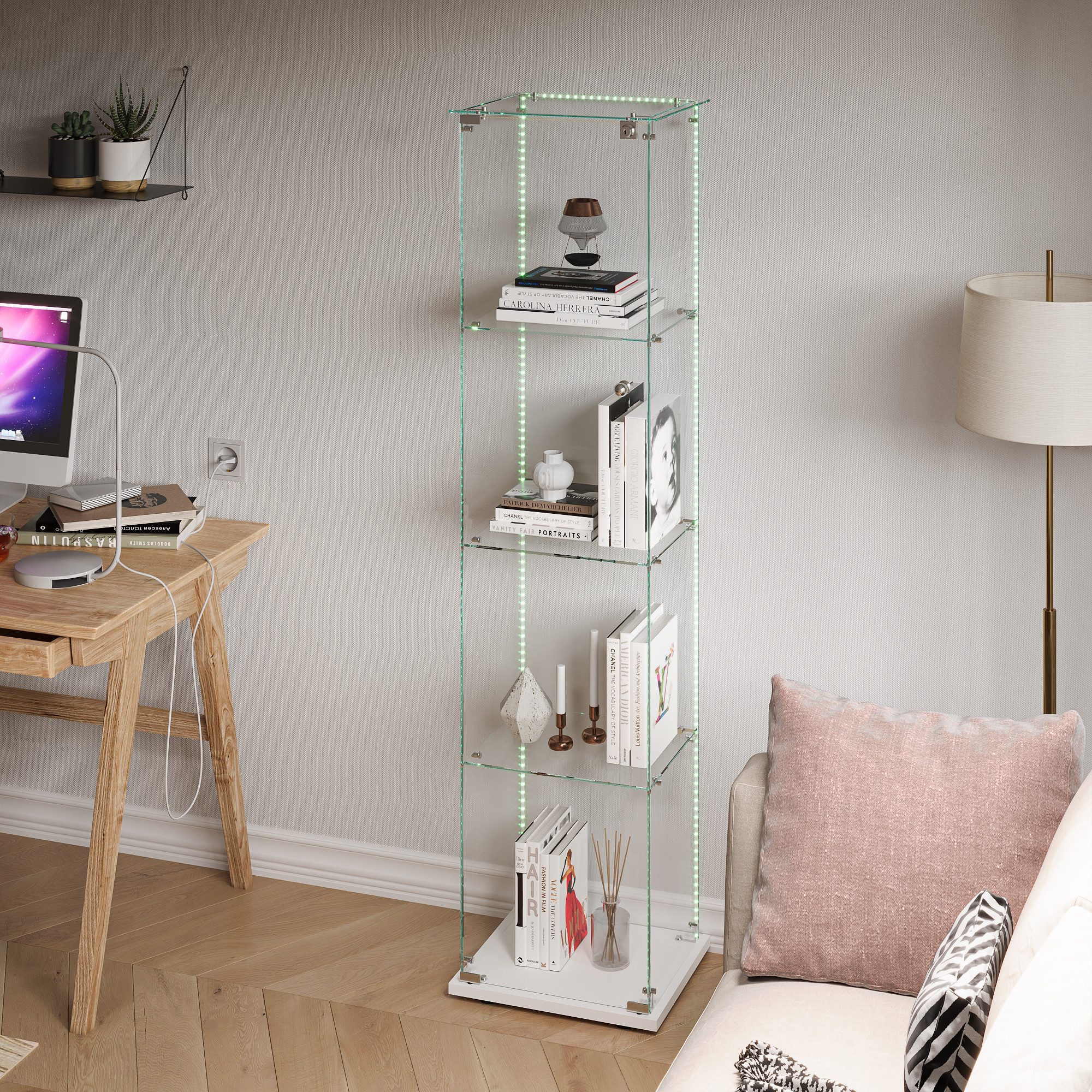 BELUPAI Glasvitrine Standvitrine 4 Lagen Vitrinenschrank (Set, 1-St., Glas Vitrine mit 1 Glastür und Schloss, LED-Lichtleiste) für Sammlerstücke Bücher Figuren Modelle, 40 x 35 x 163 cm