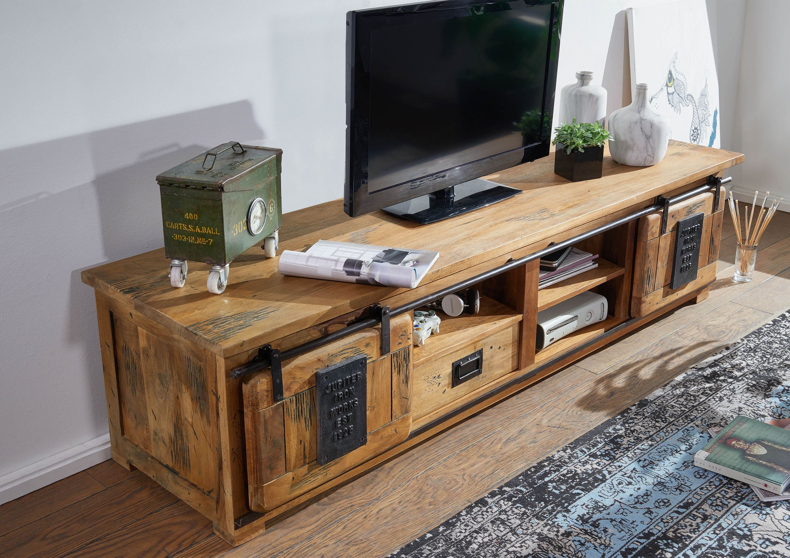 Massivmoebel24 TV-Board RAILWAY (Massivholz), TV-Board Mango 200x55x50 natur lackiert RAILWAY #151