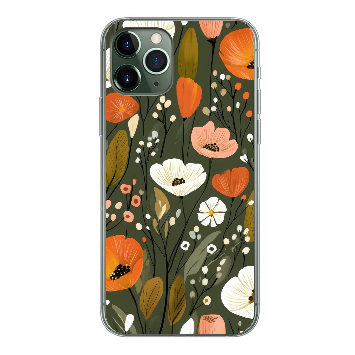 MuchoWow Handyhülle für Apple iPhone 11 Pro Blumen - Illustration - Grün, Smartphone-Bumper, Print, Handy Schutzhülle Dünn