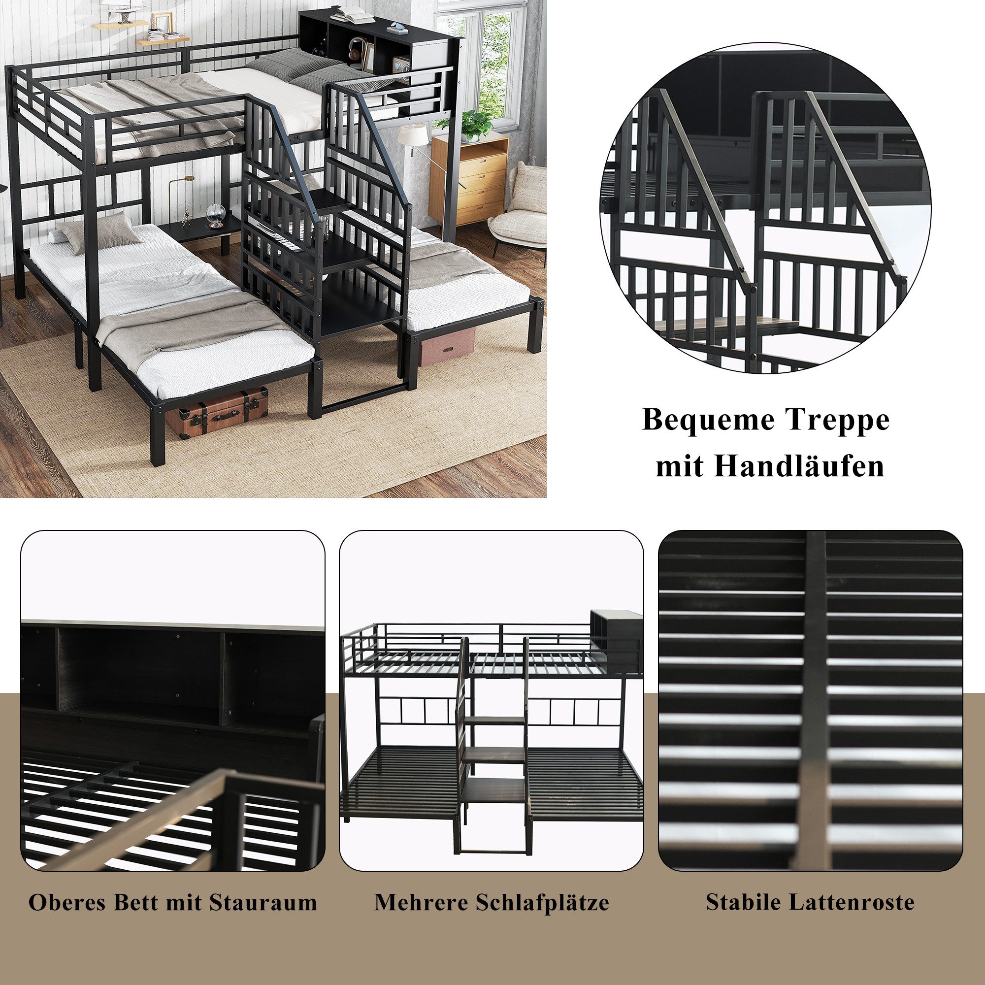 i@home Etagenbett Eisenbett mit drei Schlafplätzen,90x200cm und 140x200cm für 3 Personen (Oberes Bett mit Stauraum, stabiler Metall-Bettrahmen, Eisen-Doppelstoc – Bild 2 von 5