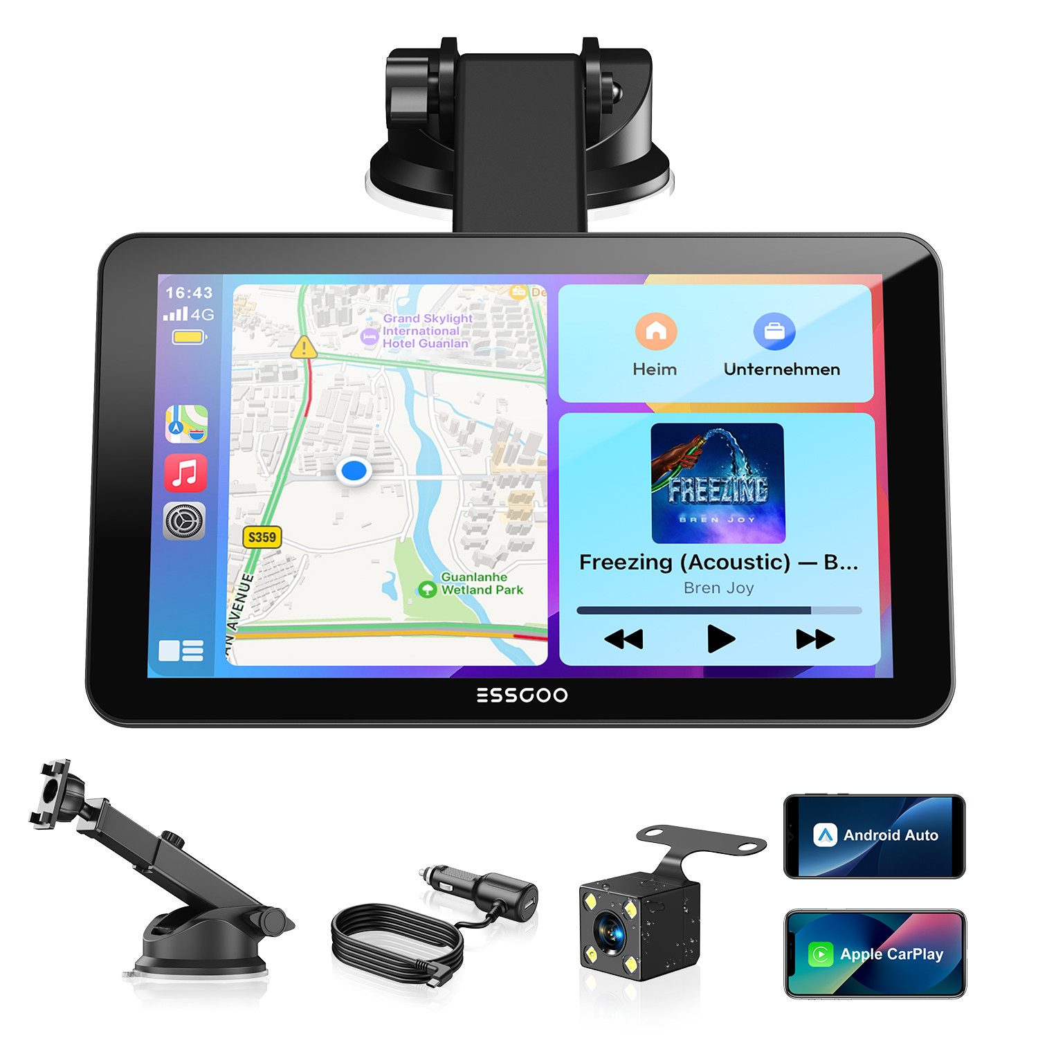 ESSGOO Kabelloses Apple Carplay & Android Auto, 7-Zoll CarPlay Display Navigationsgerät (Autoradio Bluetooth Sprachsteuerung)