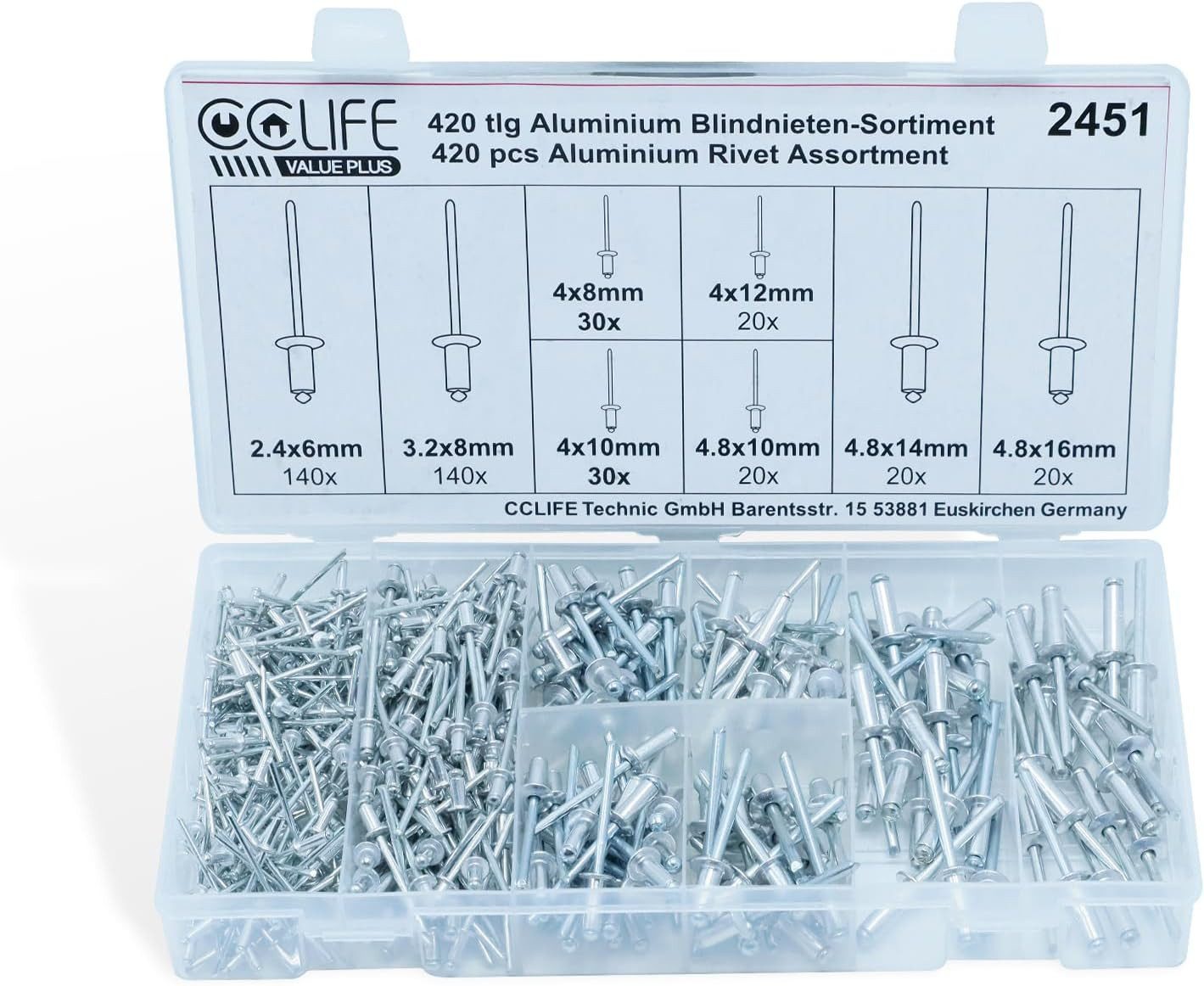 CCLIFE Blindniete Alu Blindnieten Sortiment Popnieten Set Pop Nieten, (420 St)