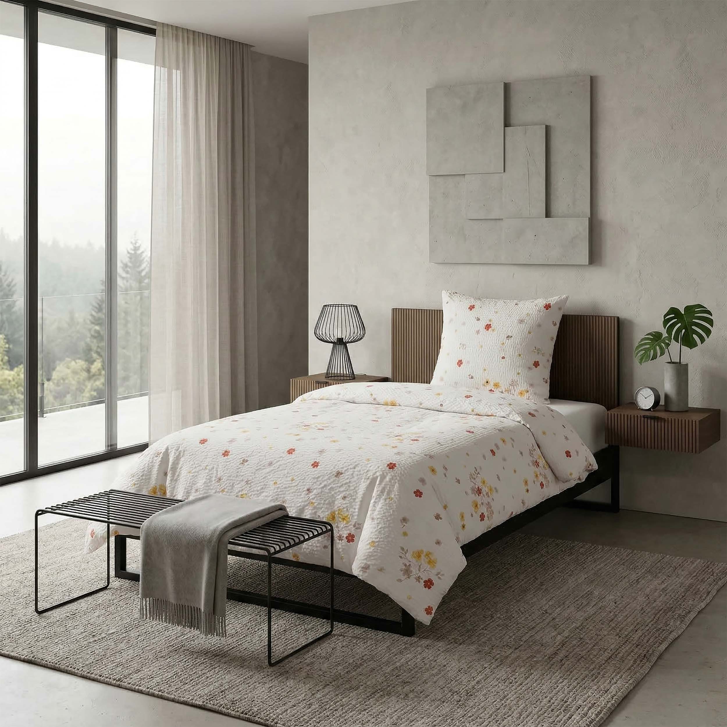 Casa Colori Bettwäsche Seersucker Bettgernitur 135x200 100% Baumwolle, Seersucker, 2 teilig, Weiß Blumenmuster