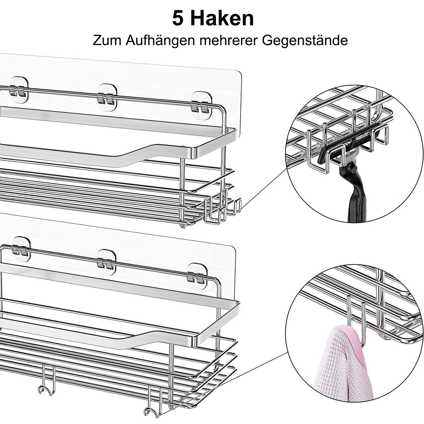SURFOU Duschregal Duschablage Set ohne Bohren, Edelstahl Regal für Bad und Küche, Duschablage ohne Bohren 2 Stück set, mit 5 haken, zur Aufbewahrung von Shampoo, Duschgel, Handtüchern, Toilettenartikeln und Reinigungsmitteln, Rostfreier Wand-Duschregal