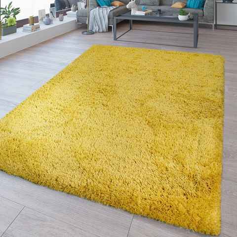 Hochflor-Teppich Waschbarer Hochflor Teppich Shaggy Flokati Look In Uni Gelb, TT Home, rechteckig, Höhe: 44 mm