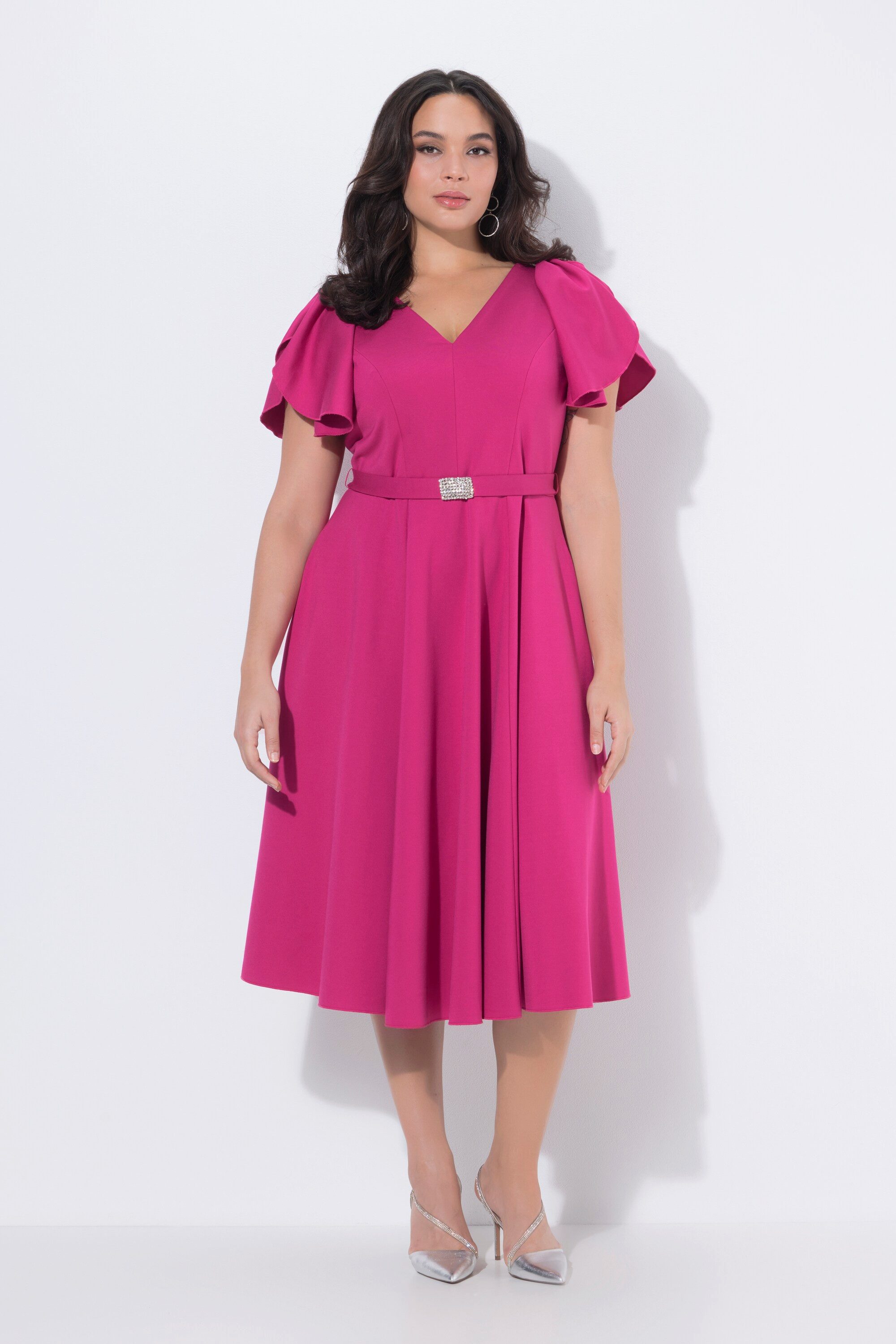 Ulla Popken Cocktailkleid Midi-Abendkleid Zierschleifen V-Ausschnitt günstig online kaufen