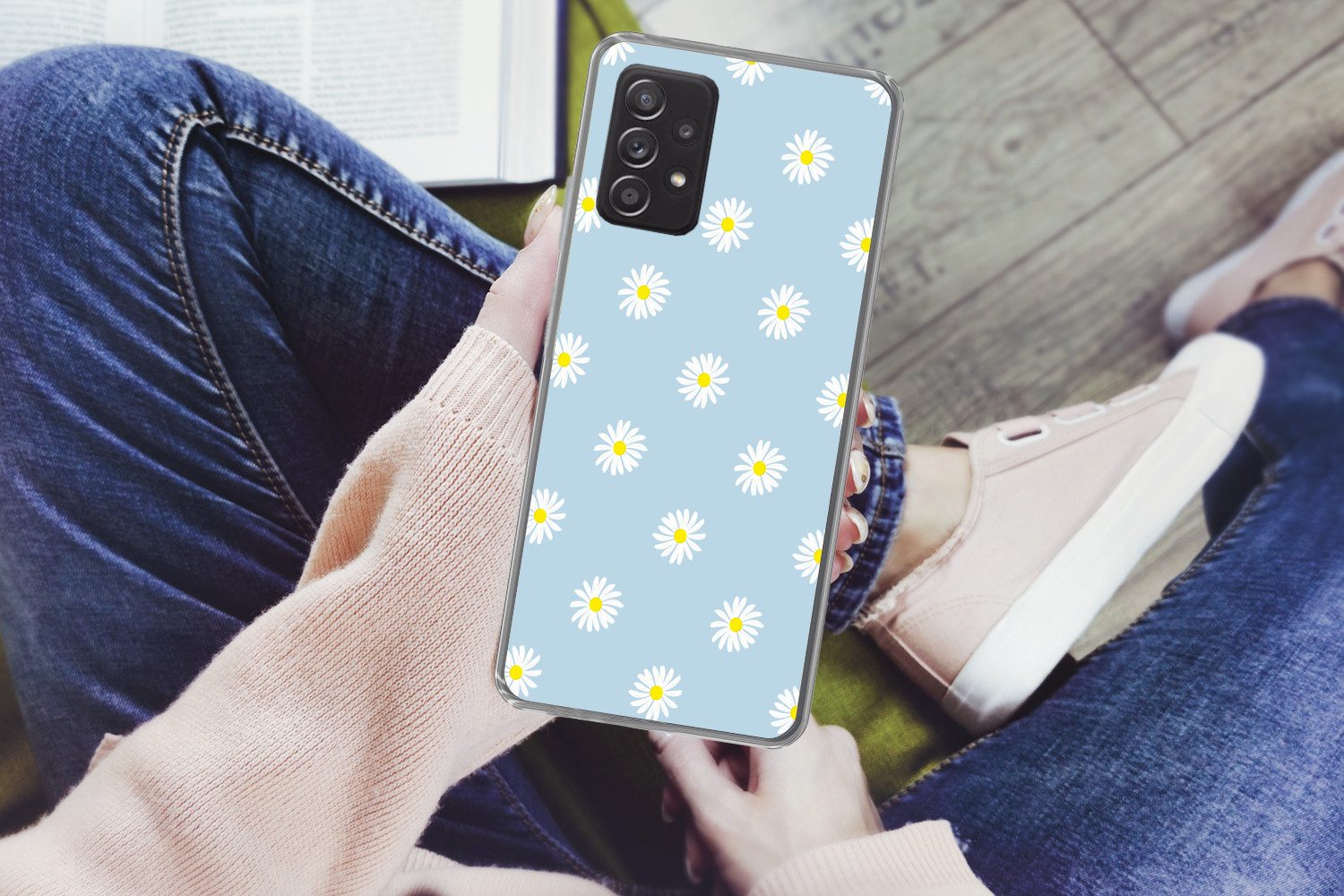 MuchoWow Handyhülle für Samsung Galaxy A33 5G Gänseblümchen - Pastell - Weiß - Blau - Blum, Smartphone-Bumper, Print, Handy Schutzhülle Dünn