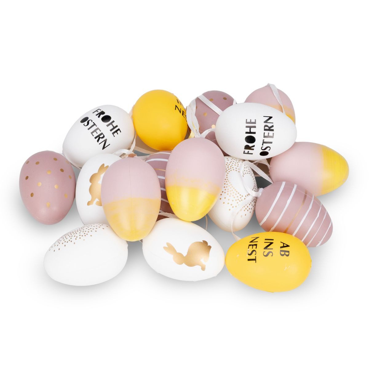 NaDeco Bastelnaturmaterial 16x Ostereier zum Aufhängen Gelb-Rose mit Muster