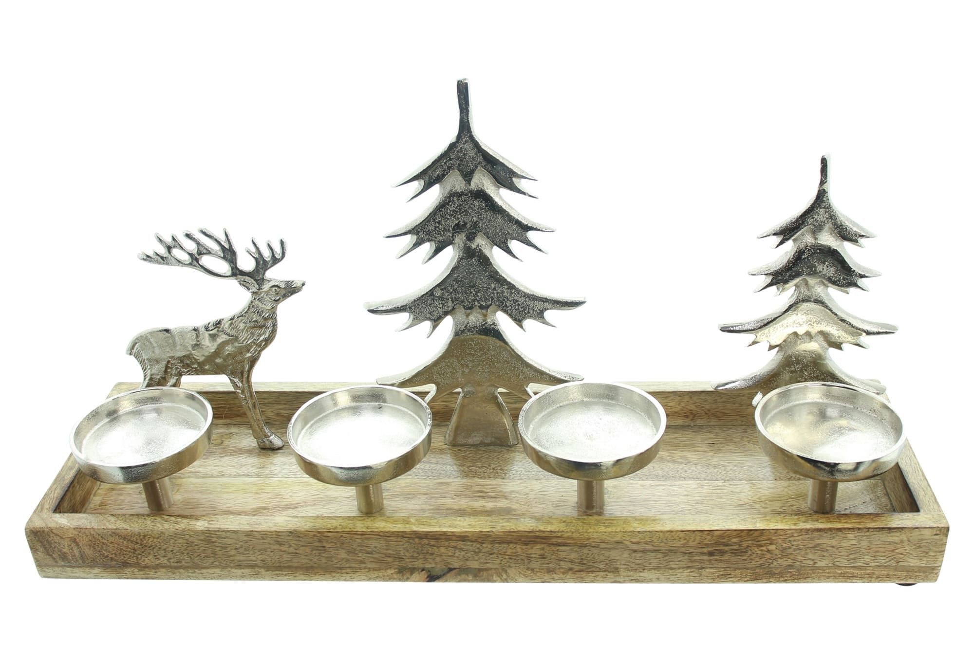 Dekoleidenschaft Kerzentablett "Rentier & Tannen" Lichterboard Подсвечник 4 Kerzen, Weihnachtsdeko, Mangoholz & Aluminium, 50 cm breit, Adventskranz für Stumpenkerzen