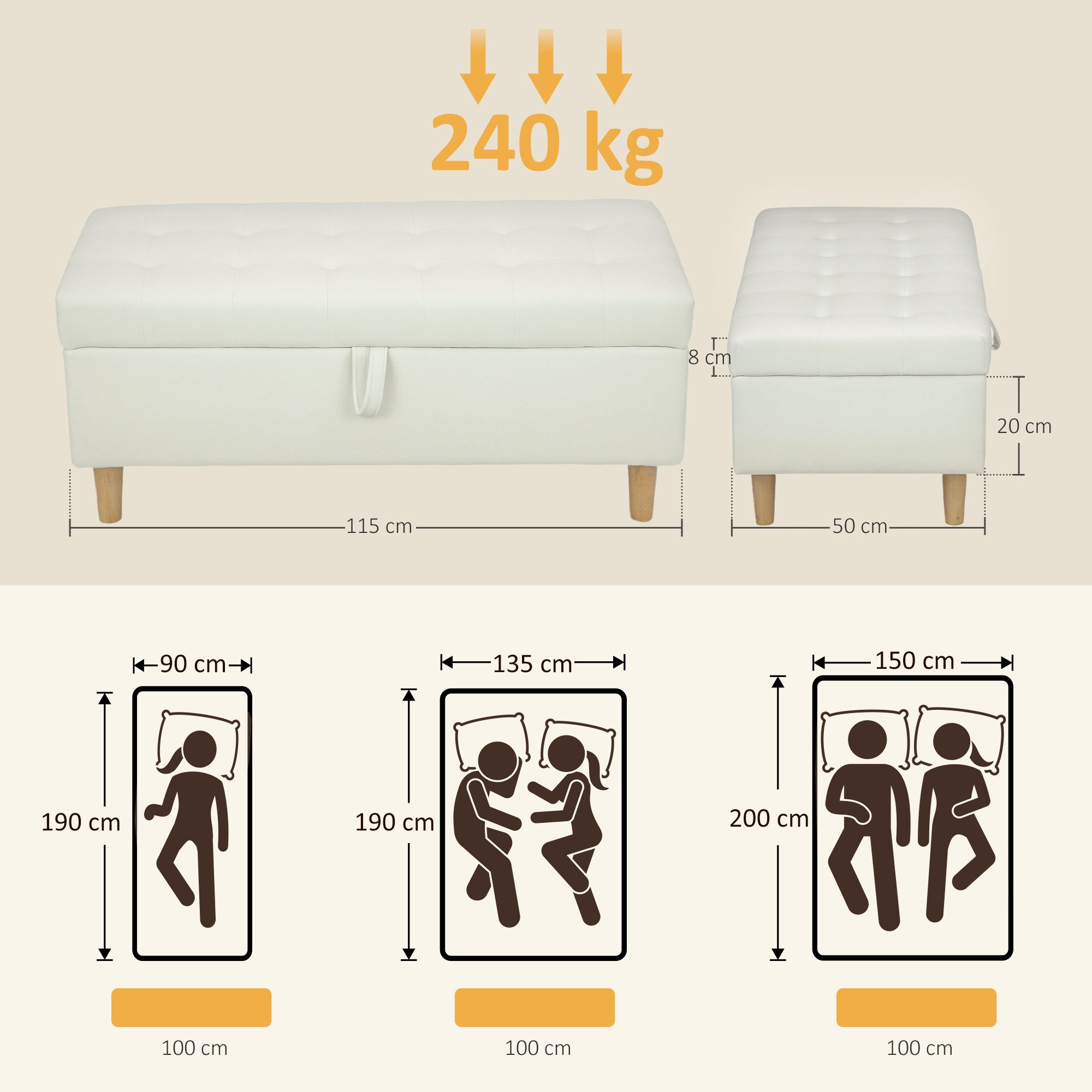 HOMCOM Sitzbank (Aufbewahrungsbank mit Holzbeinen, 1-St., Ottomane mit Stauraum), 84 l, Samtoberfläche, für Schlafzimmer, Flur, Wohnzimmer, Cremeweiß