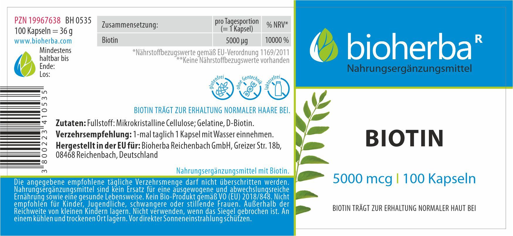 BIOHERBA R Bioherba Biotin 5000 mcg 100 Kapseln Nahrungsergänzungsmittel, 1 er