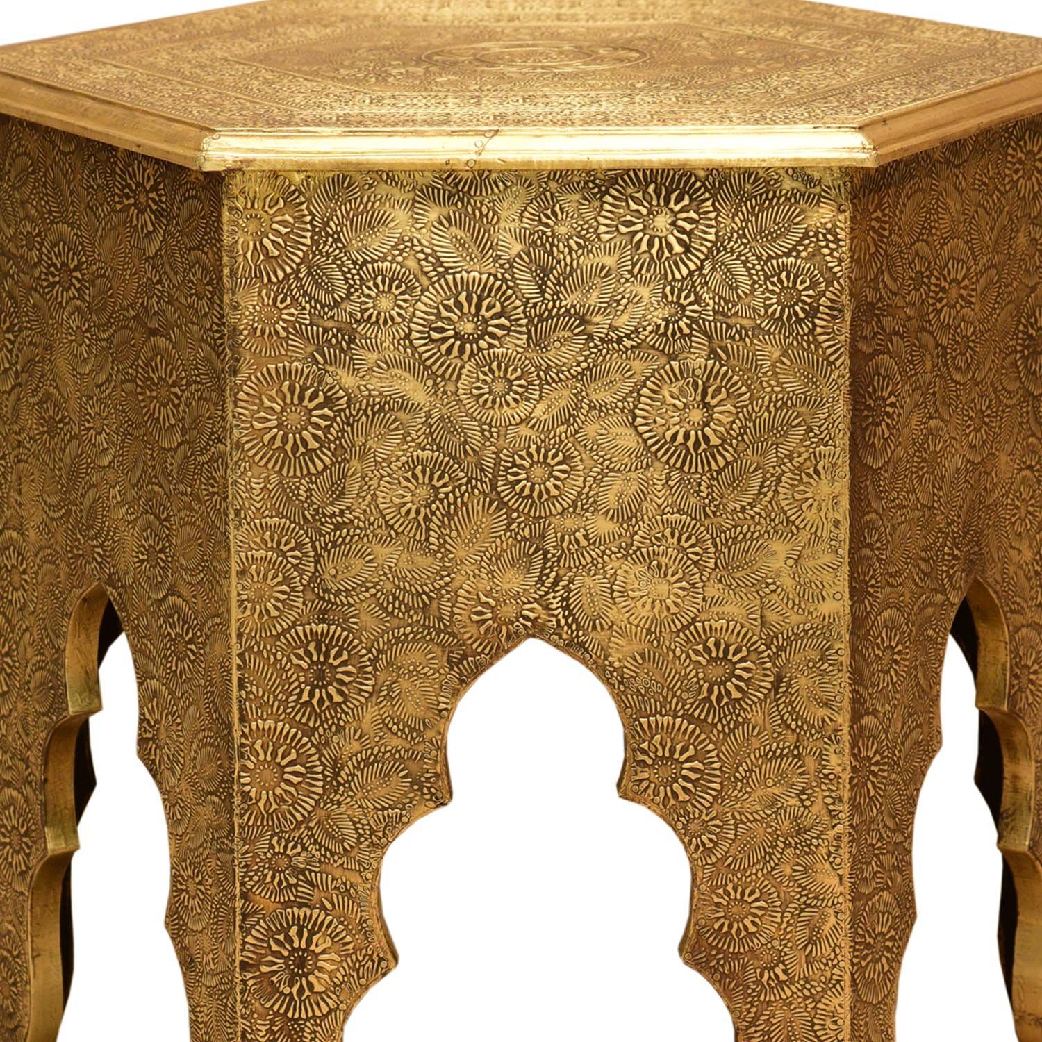 46cm Sofatisch verkleidet), Casa Höhe sechseckig Couchtisch komplett Orientalischer Antik marokkanischer Messingintarsien (Holz mit Moro Beistelltisch Tisch Targa Gold in Ø Look
