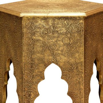 Casa Moro Beistelltisch Orientalischer Couchtisch Targa Höhe Ø 46cm (Holz Tisch komplett mit Messingintarsien verkleidet), in Antik Gold Look marokkanischer Sofatisch sechseckig