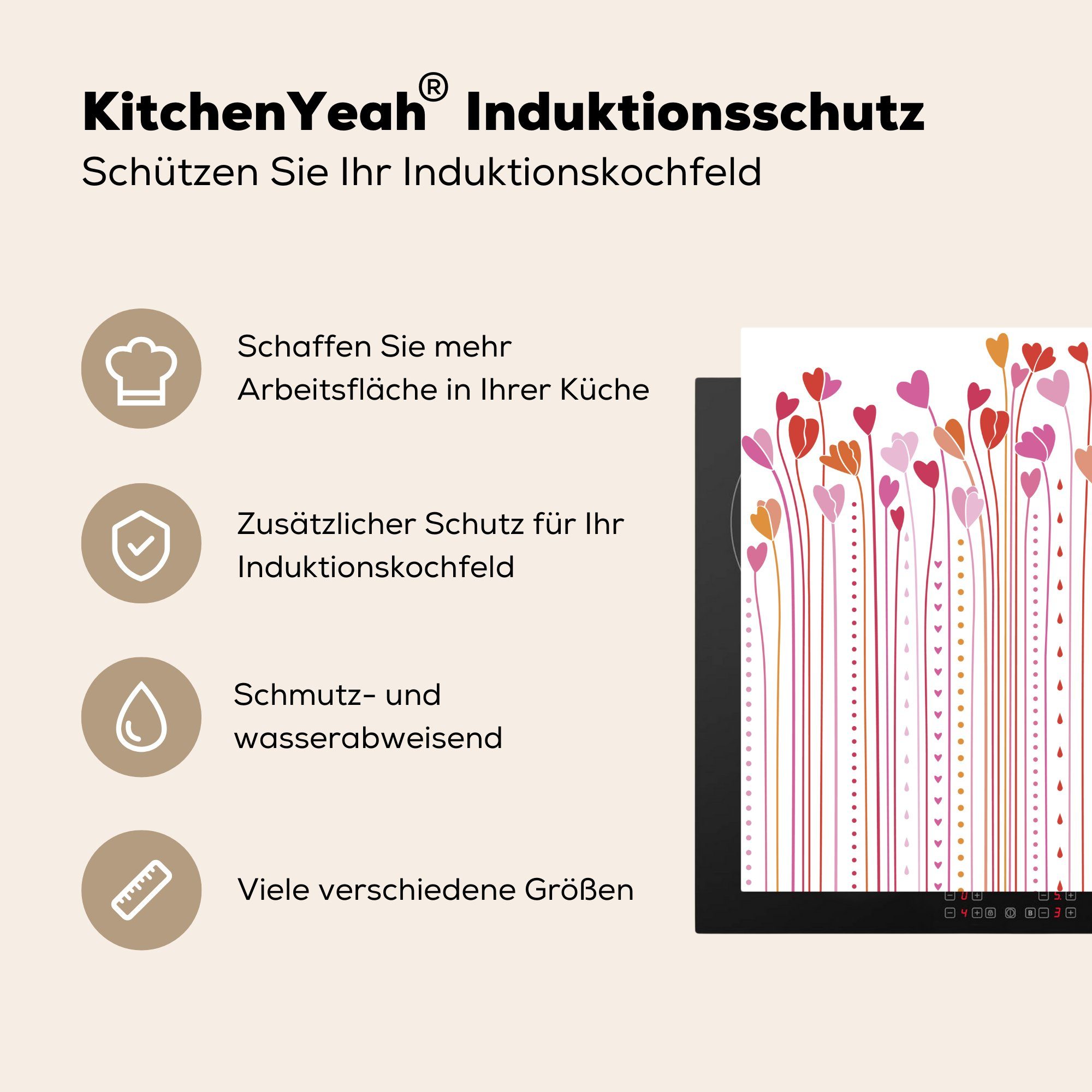 für Herzen, (1 tlg), 78x78 cm, Ceranfeldabdeckung, Eine küche Herdblende-/Abdeckplatte Arbeitsplatte MuchoWow wachsenden Illustration Vinyl, der