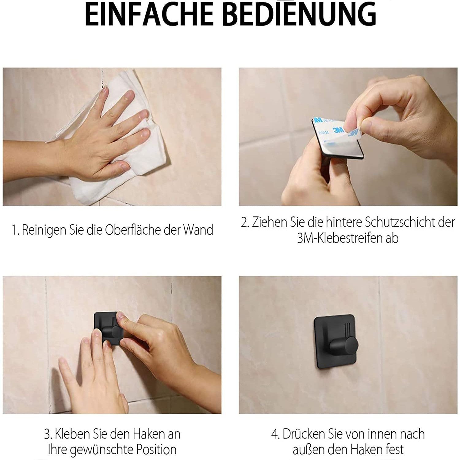 TUWENA Handtuchhaken 4 Stück Klebehaken Handtuchhalter Wandhaken Ohne Bohren aus Edelstahl, (8-St), Ideal für Hotel Küche Büro, als praktische Klebehaken – Bild 4 von 5