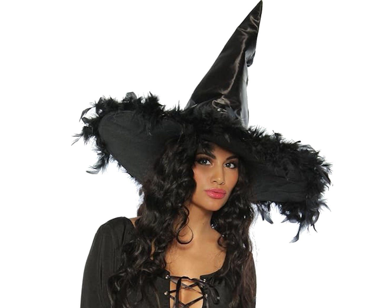 Hexen-Kostüm Satin-Hexenhut mit Federn Karneval Fasching Halloween
