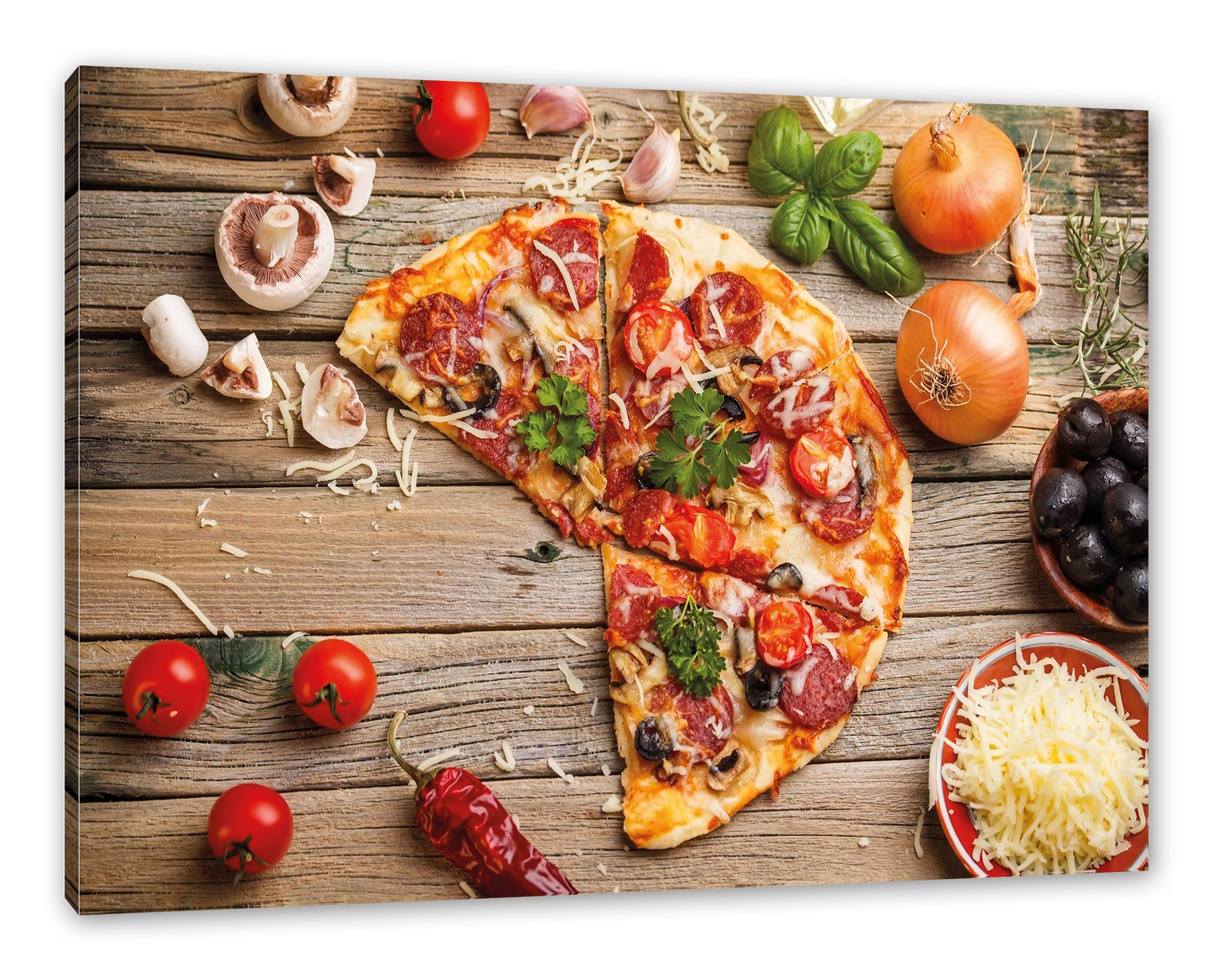 Pixxprint Leinwandbild Pizza Italia auf Holztisch, Pizza Italia auf Holztisch (1 St), Leinwandbild fertig bespannt, inkl. Zackenaufhänger