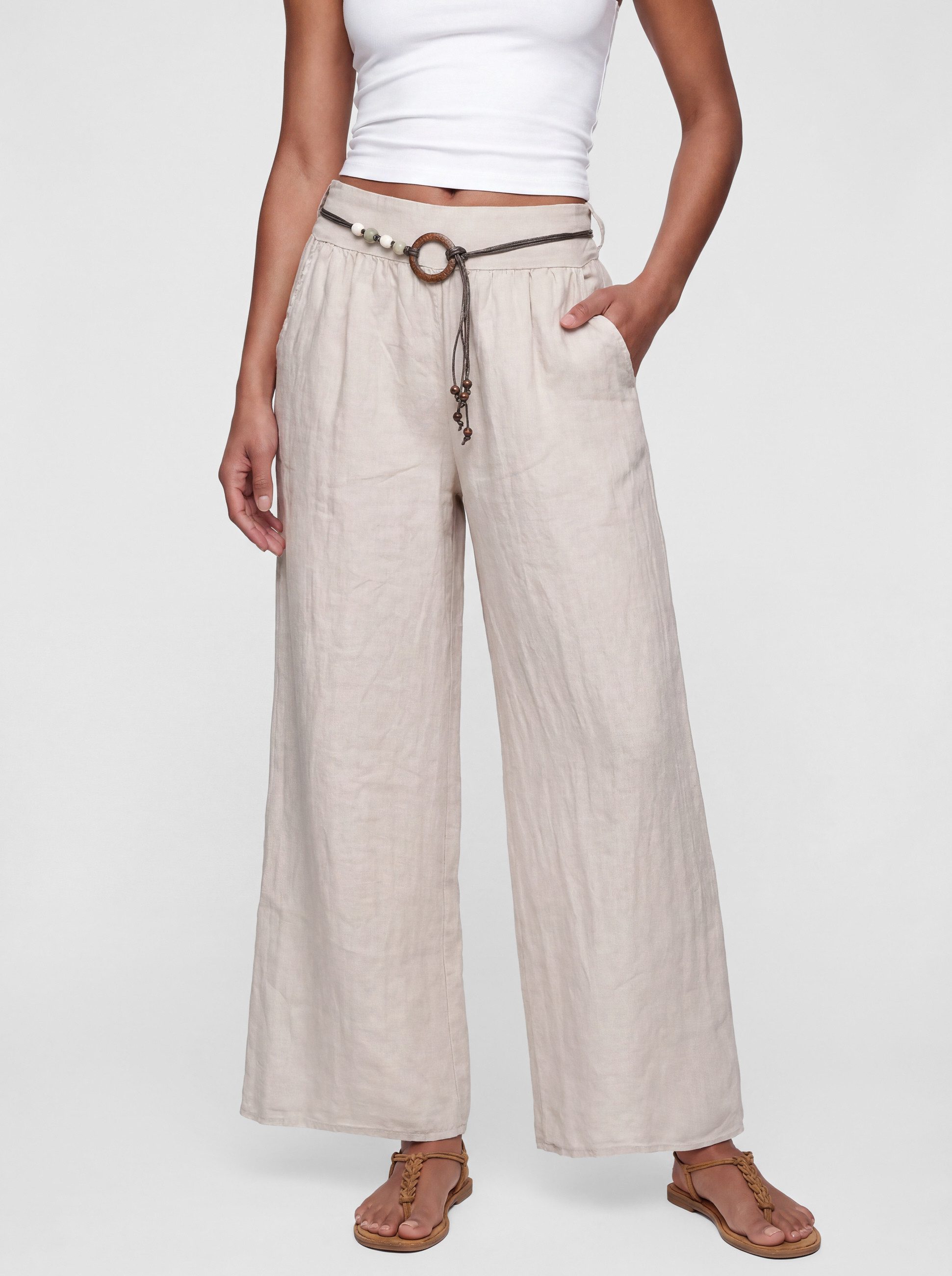PEKIVESSA Leinenhose Wide-Leg Schlupfhose mit weitem Bein und Gürtel