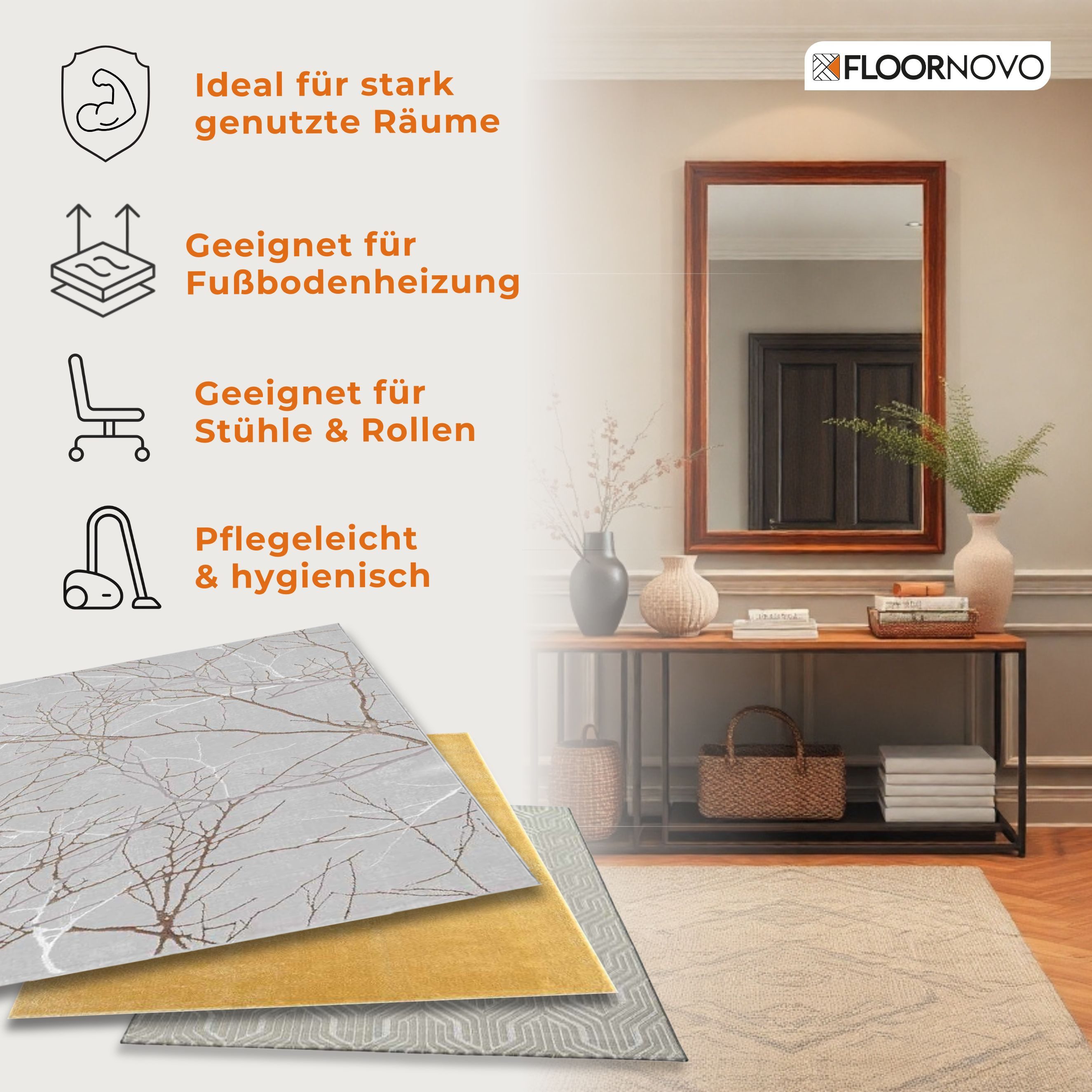 Floornovo Teppich Indoor Teppich Creme versch. Größen - rechteckig für alle Innenräume, rund, Trocken- und Feuchträume