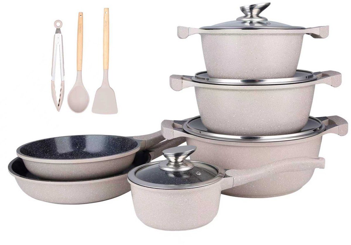 Royalty Line Topf-Set Kochtopf Kasserolle Bratpfannen Set 13-tlg Royalty Line RL-BS1010CBE, Material: Aluminium, Glas (Set aus 4 Töpfen mit Glasdeckeln, 2 Bratpfannen und 3 Küchenhelfern)