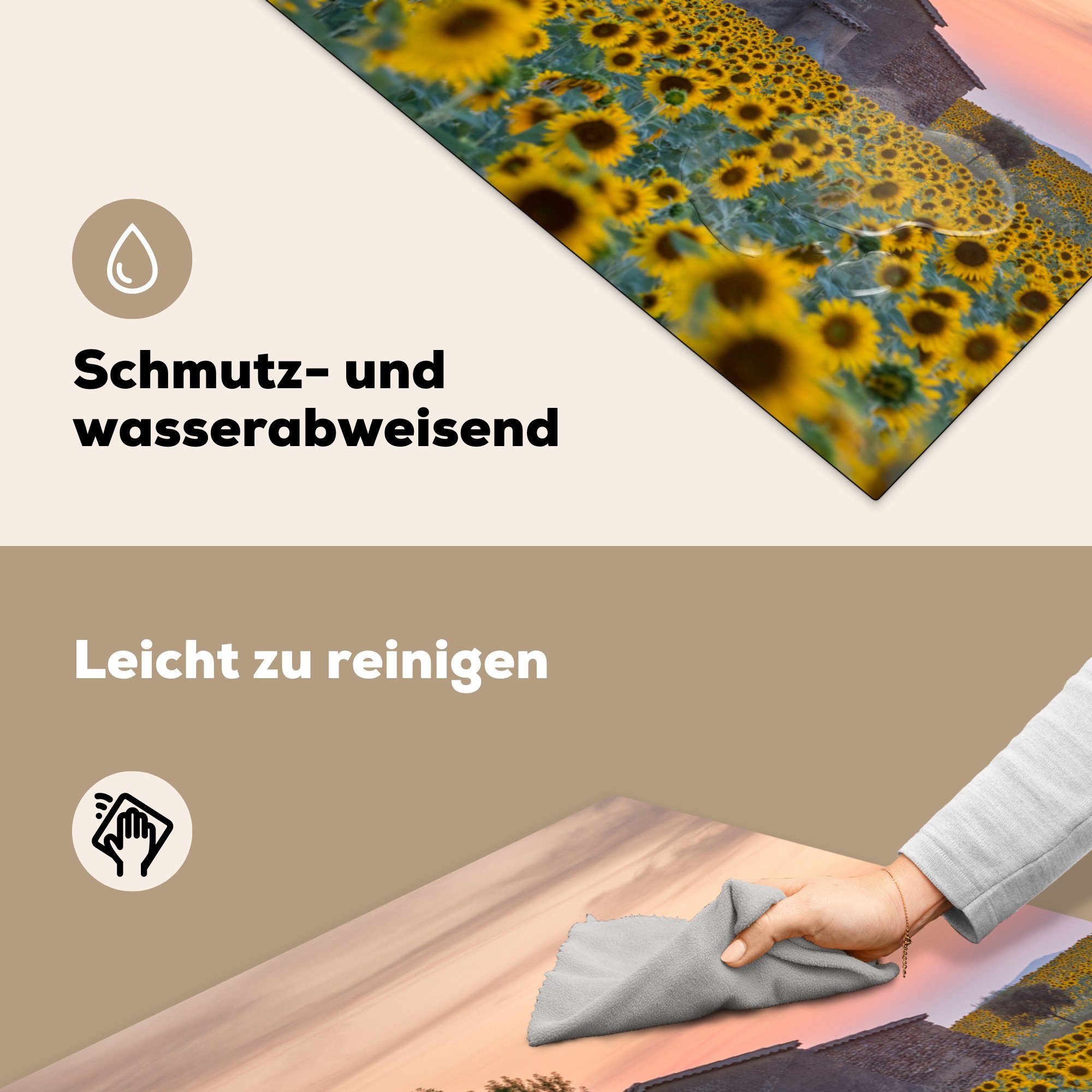 78x78 - (1 Herdblende-/Abdeckplatte tlg), cm, küche Arbeitsplatte Ceranfeldabdeckung, Vinyl, Sonnenblume Scheune, für Frankreich MuchoWow -