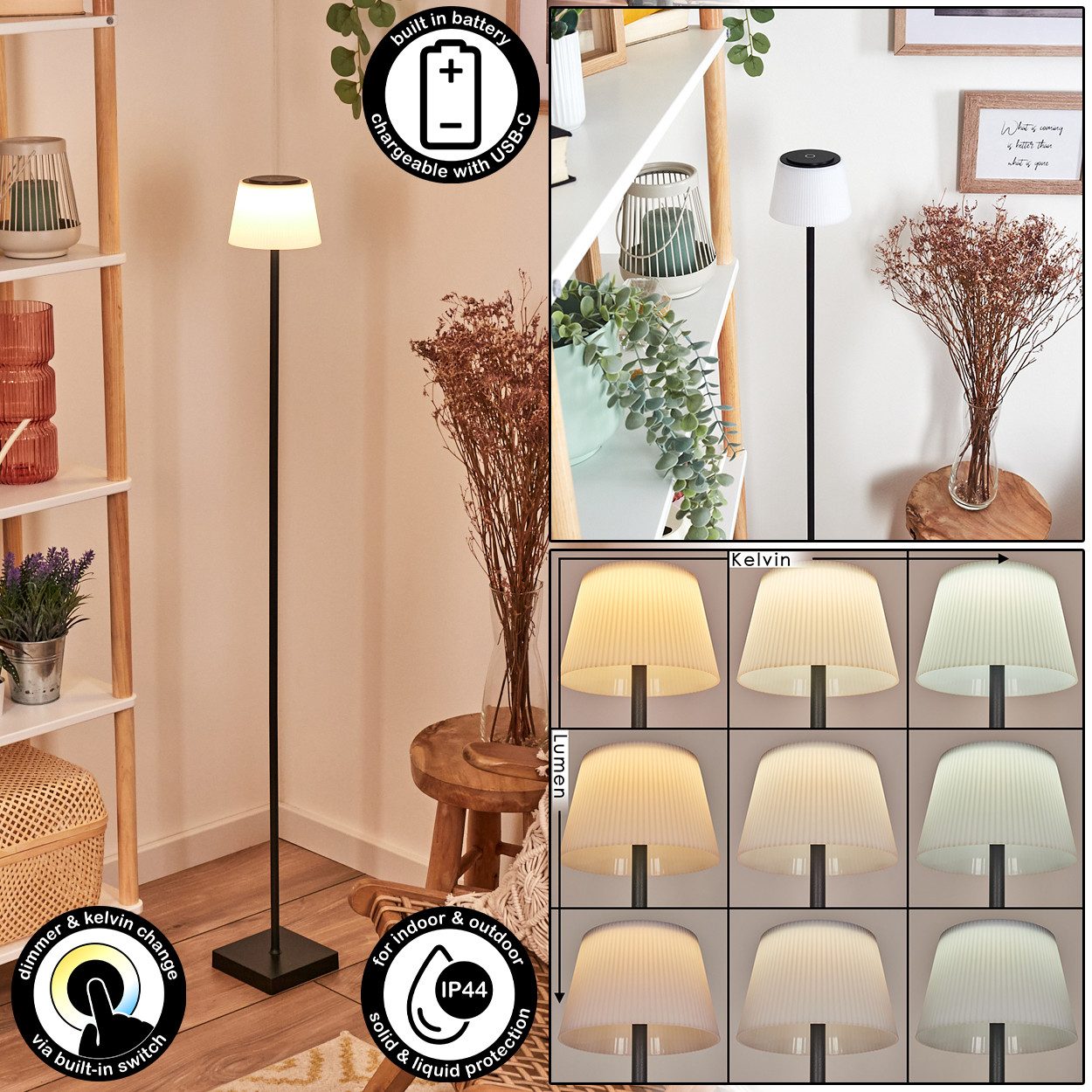 hofstein Stehlampe Stehlampe aus Metall/Kunststoff in Schwarz/Weiß, ohne Leuchtmittel, Stehleuchte im modernen Design, 119,5 cm, Akku, Touchdimmer, CCT