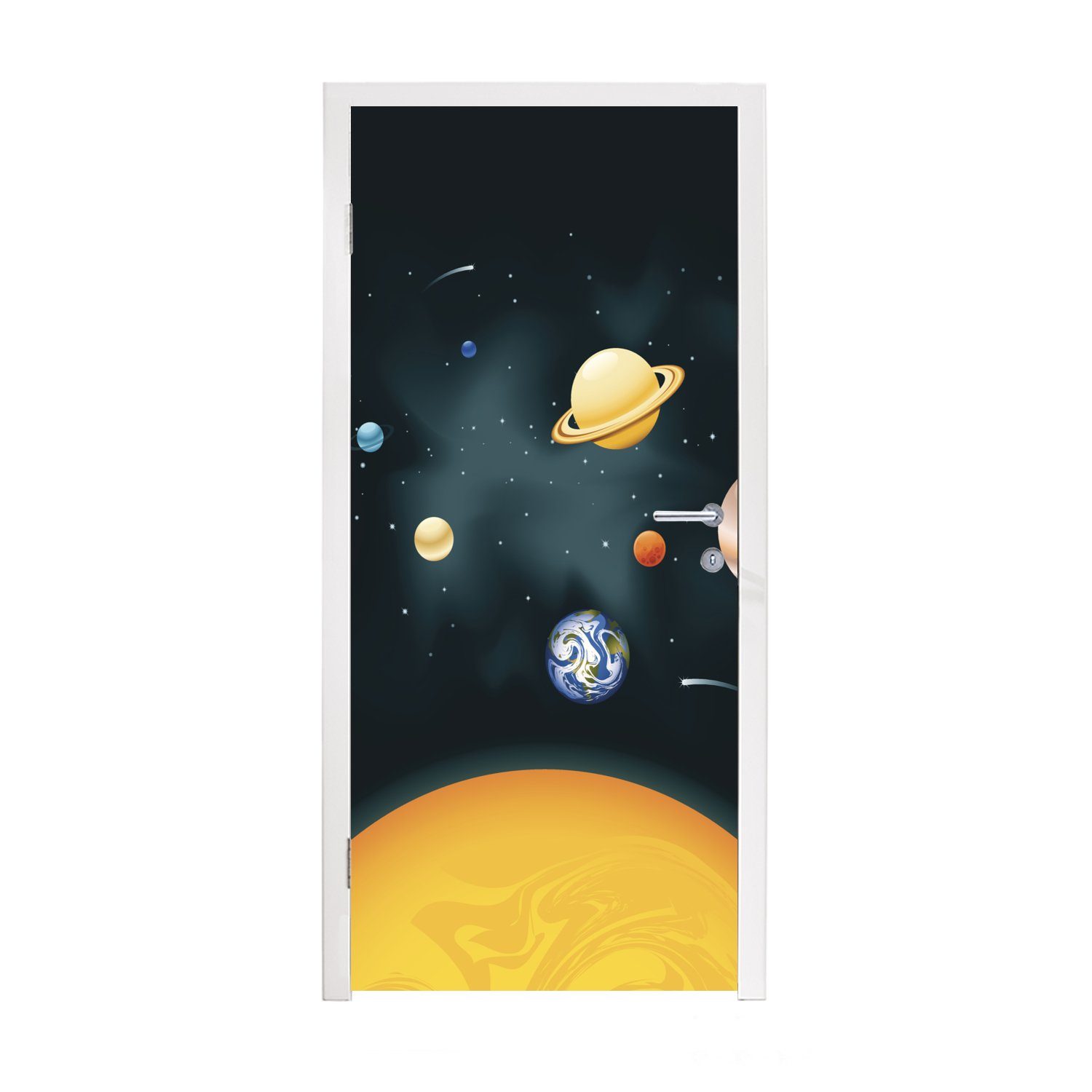 MuchoWow Türtapete Eine Illustration des Sonnensystems mit unserem Planeten, Matt, bedruckt, (1 St), Fototapete für Tür, Türaufkleber, 75x205 cm