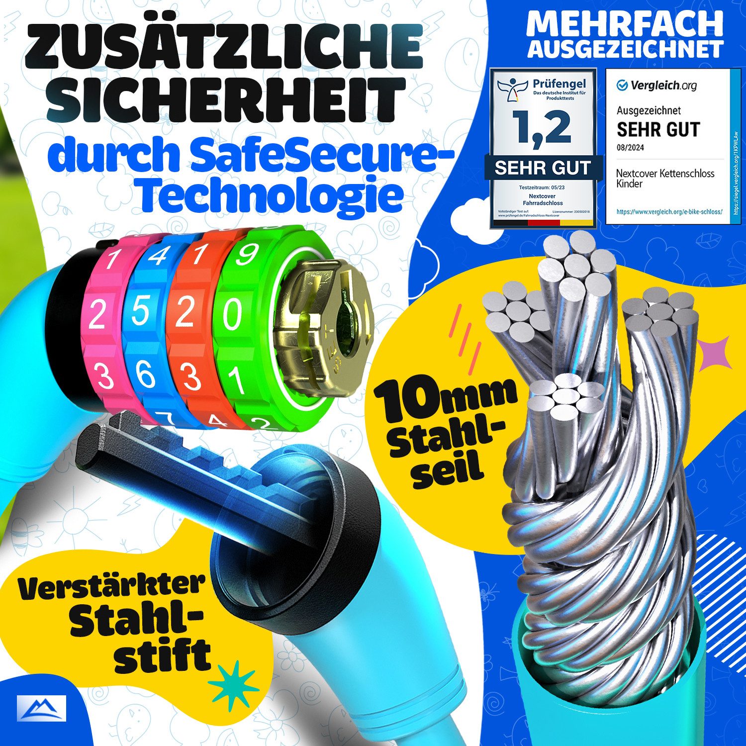 Nextcover Zahlenkabelschloss NEXTCOVER® Fahrradschloss Kinder mit 4-stelligem Zahlencode