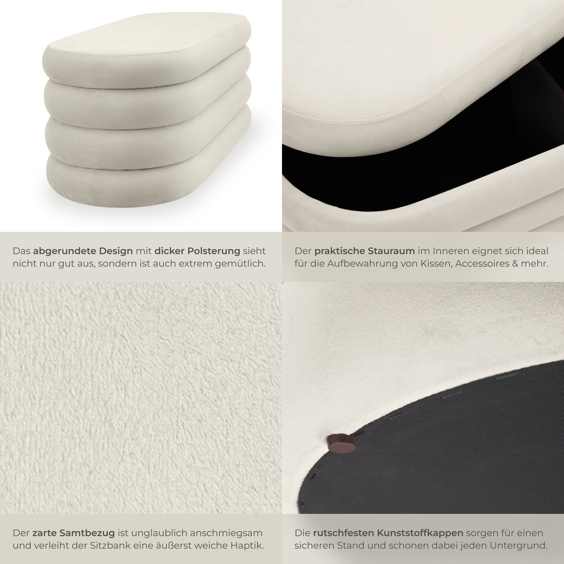 tectake Bank Gepolsterte Sitztruhe mit Stauraum 110 x 45 x 42 cm (Sitzmöbel mit Stauraum Altu, in Samtoptik creme-weiß), Belastbarkeit bis 150 kg, mit bodenscho – Bild 4 von 5