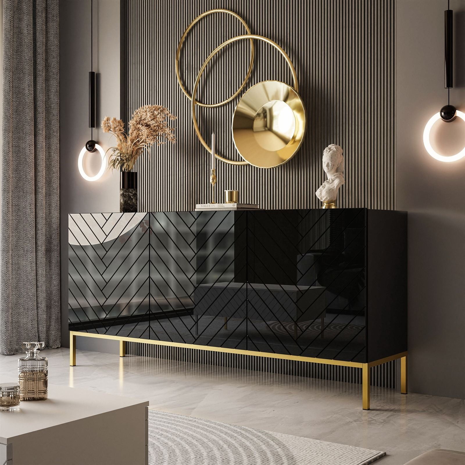 Kommode ELISE 160 Fischgrätenfront Hochglanz GOLD Metallgestell BERLIN