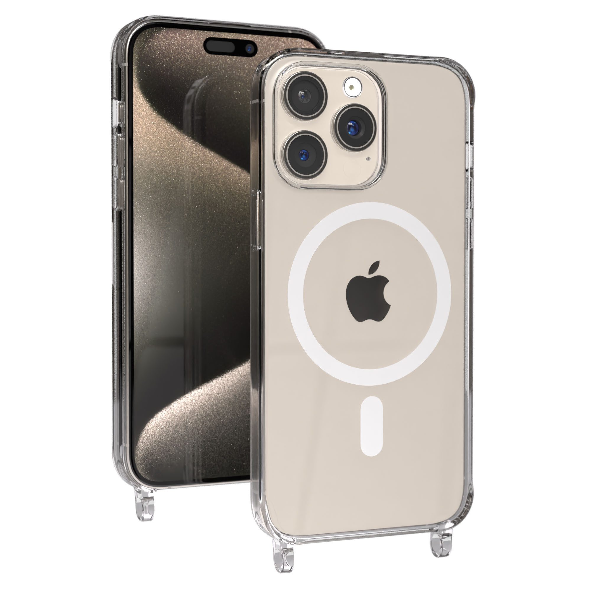 EAZY CASE Handykette MagSafe Handyhülle für Handyketten Apple Modelle 6,7 Zoll, MagSafe Silikonhülle mit Ösen, Transparent für Apple iPhone 15 Pro Max