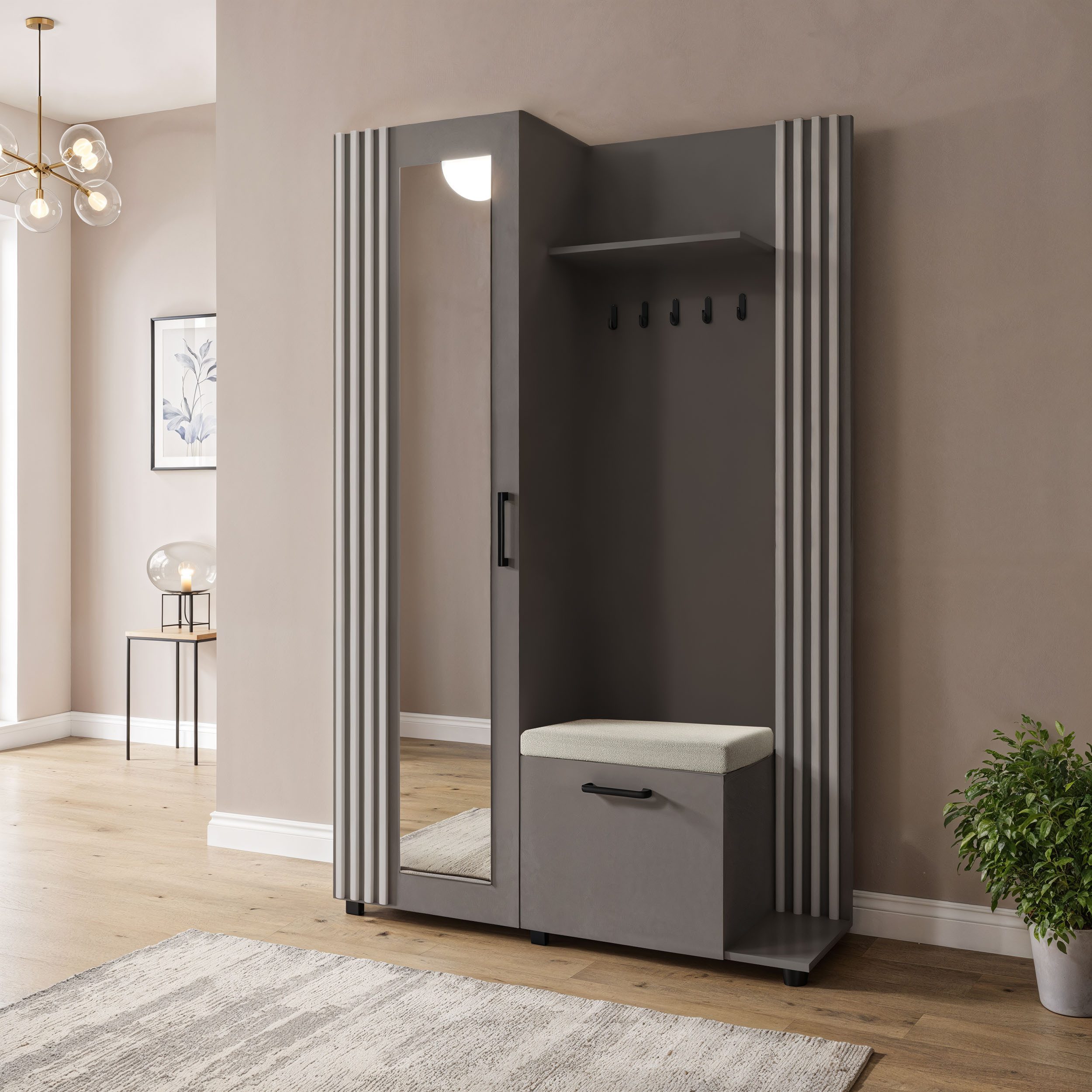 WFL GROUP Kompaktgarderobe Linaro Flurgarderobe mit Spiegel, Sitzbank, Haken & Schuhablage (137 cm Breit) Garderobenschrank Links oder Rechts, Flurgarderobe für Diele & Eingang