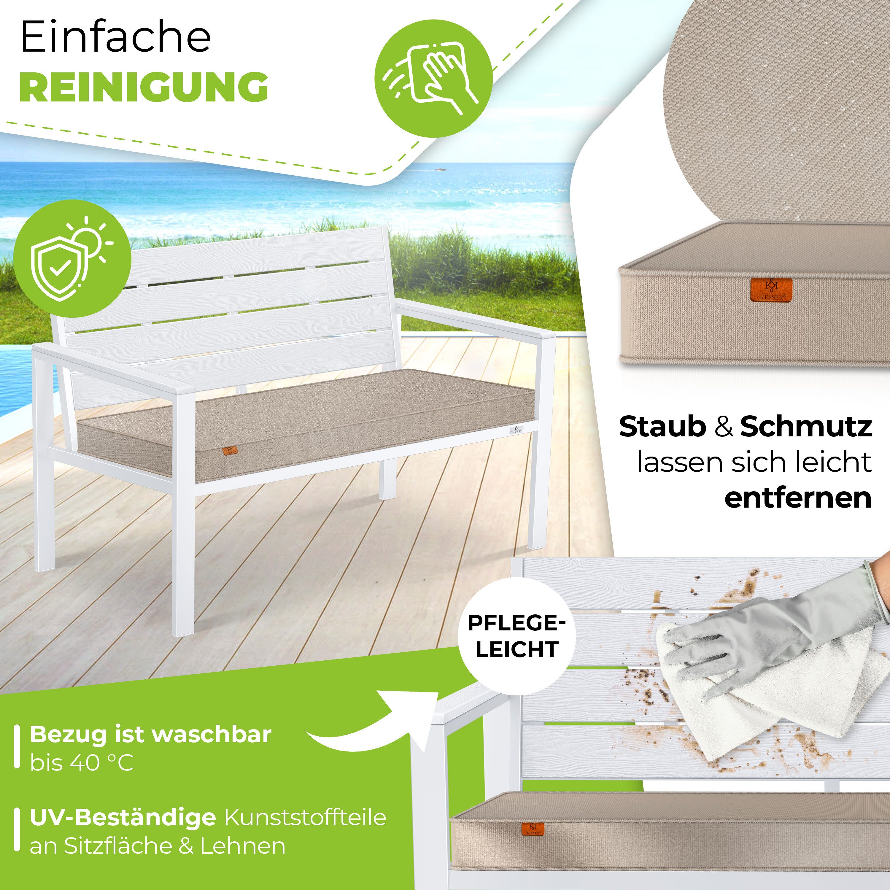 KESSER Gartenbank 2-Sitzer Balkonbank in Holzoptik bis 300 kg belastbar (Parkbank inkl. abnehmbarem & waschbarem Sitzpolster & Montagezubehör), UV-beständige Sitzbank für Garten, Terrasse & Balkon