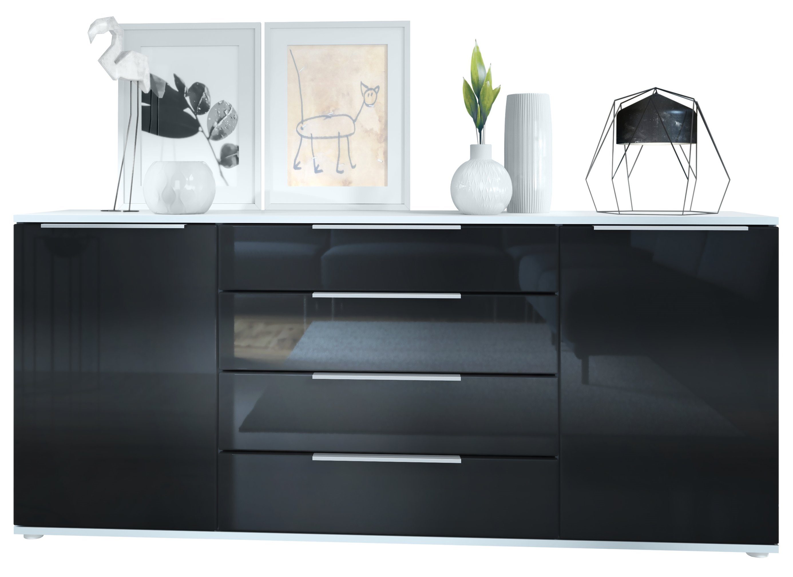 Vladon Sideboard Linio (Anrichte, mit 2 Türen und 4 Schubladen), Weiß matt/Schwarz Hochglanz (166,5 x 72,5 x 35 cm)