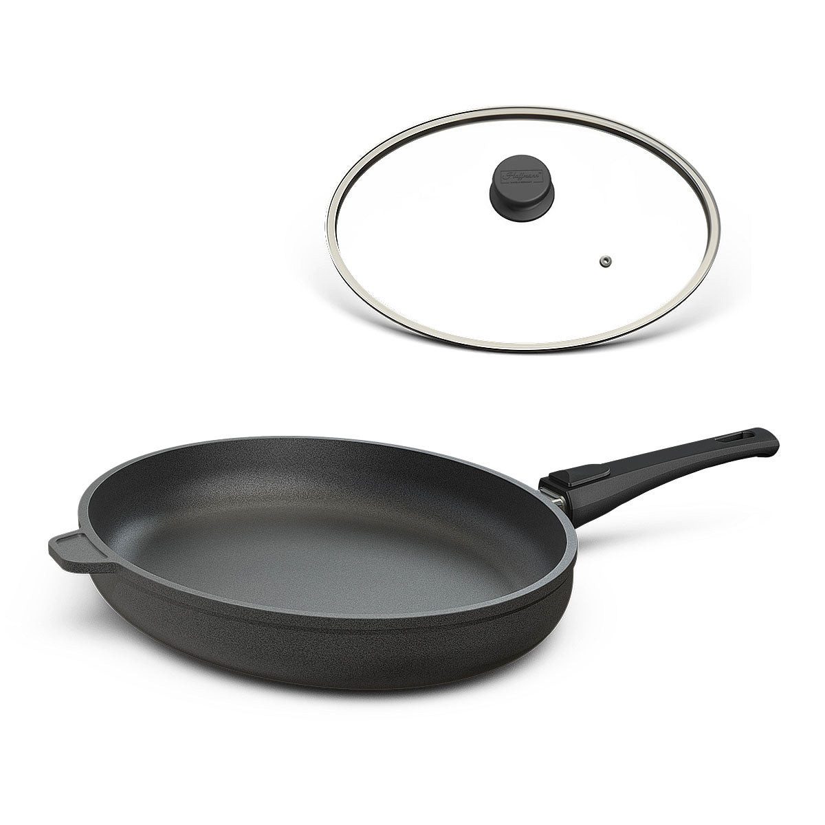 Hoffmann Germany Fischpfanne 38x28 cm mit Deckel, Made in Germany Schnitzelpfanne, Aluguss (Set, 2-tlg., 1x Fischpfanne 38x28 cm + 1x Glasdeckel), abnehmbarer Griff, Antihaft, oval, 1,8 l, 38x28 cm